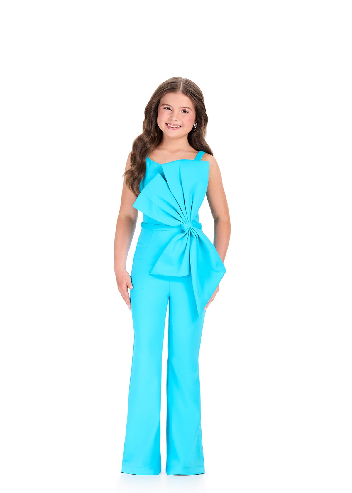 ASHLEYlauren 8404 Jumpsuit | Beautiful turquoise jumpsuit with big dazzling bow on the front 