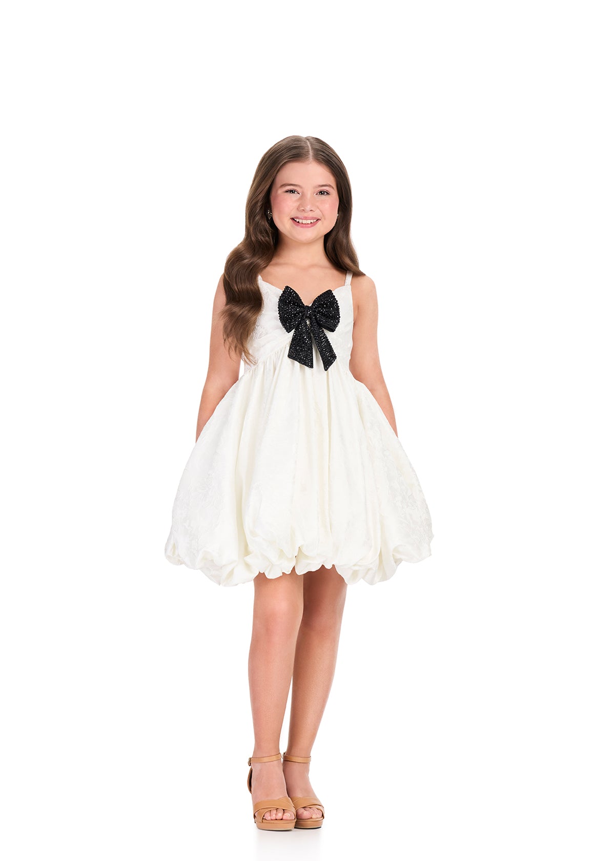 ASHLEYlauren 8409 Cocktail | Red carpet white cocktail dress that showcases a stunning black bow