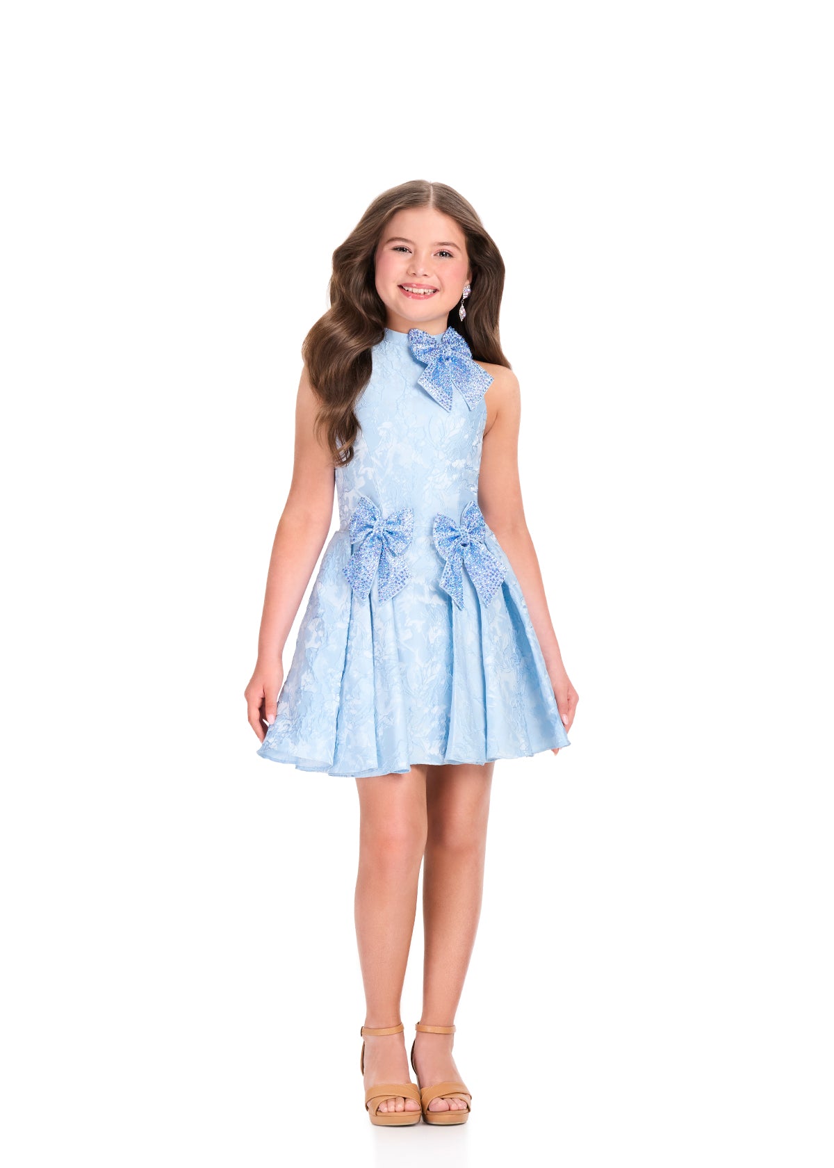 ASHLEYlauren 8411 Cocktail | Light blue dress that features a floral pattern and 3 sparkly bows