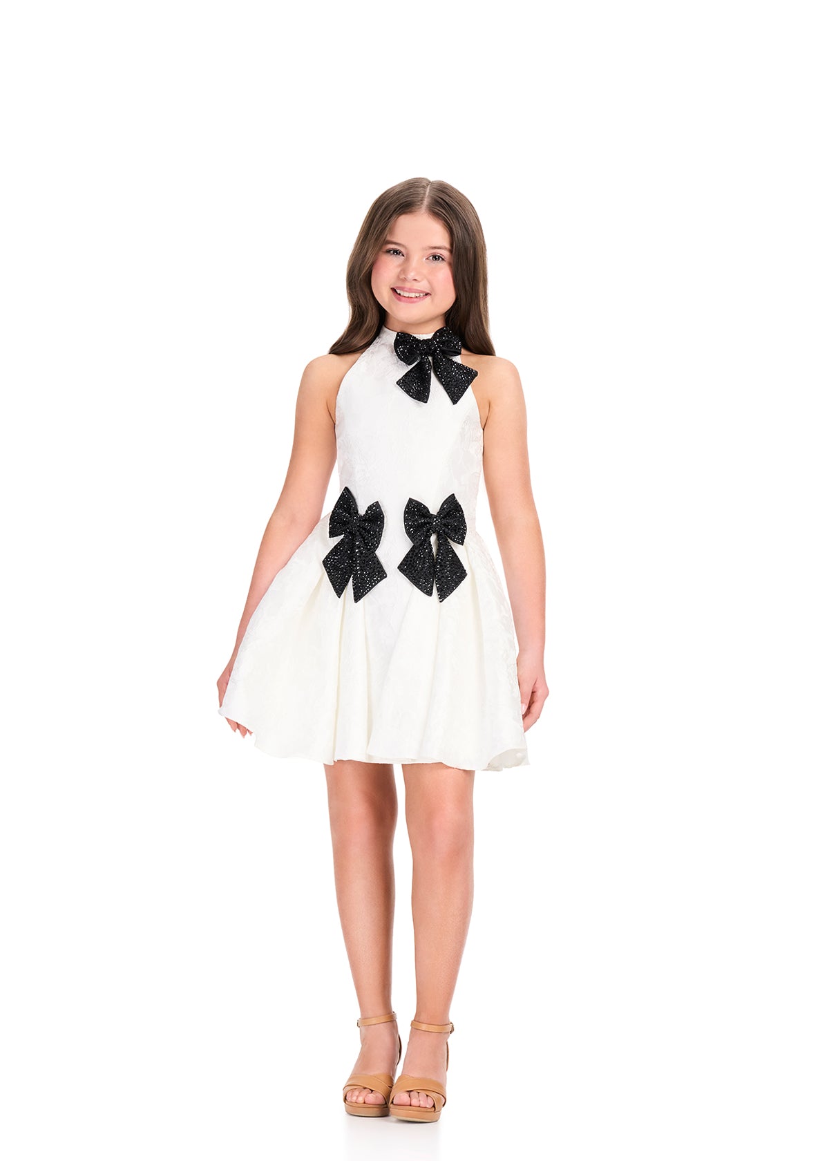 ASHLEYlauren 8411 Cocktail | Beautiful white dress with floral patterns high neck line with three show stopping bows