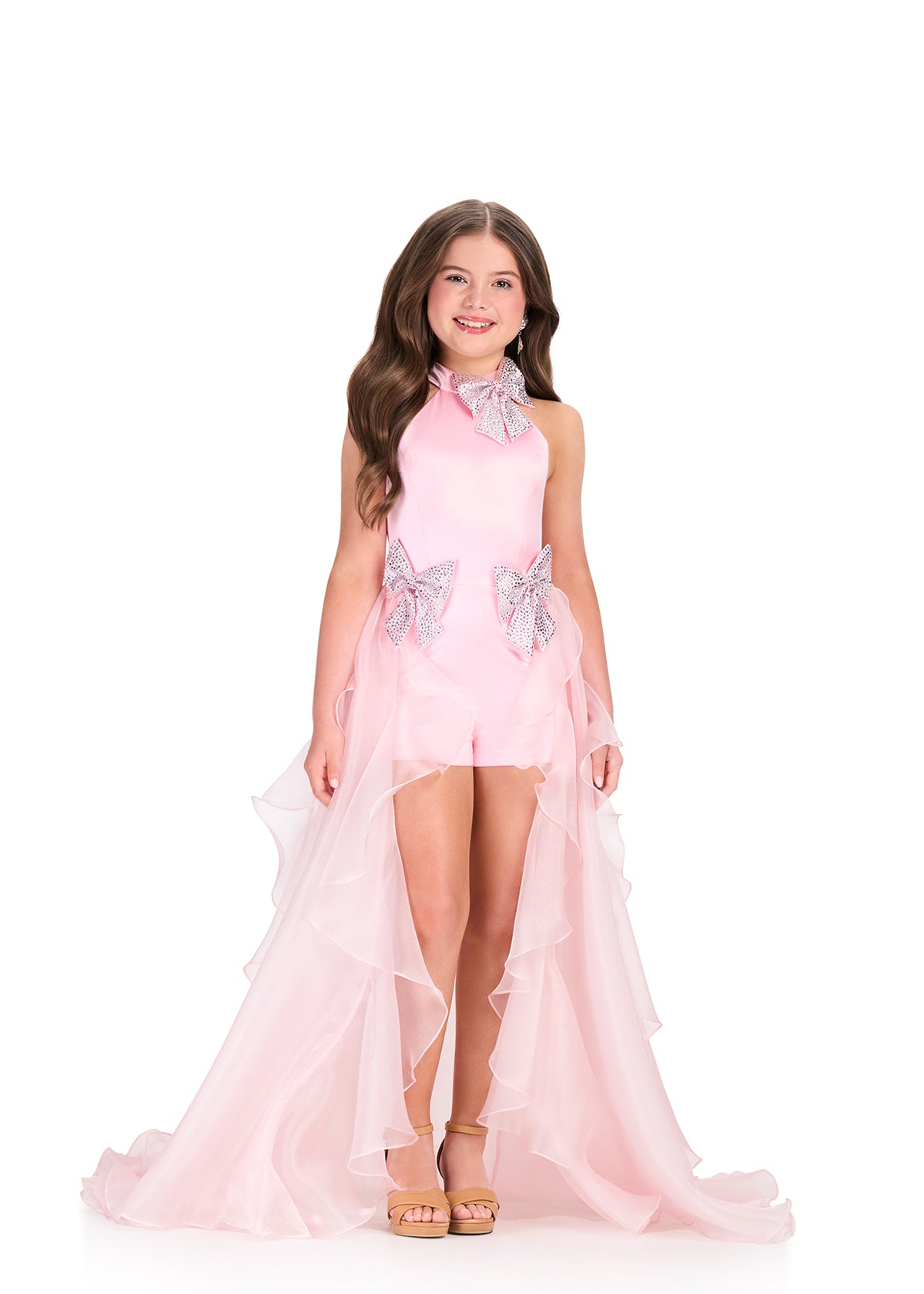 ASHLEYlauren 8412 Gown | Elegant ice pink romper with beautiful overskirt that showcases three sparkly bows