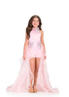 ASHLEYlauren 8412 Gown | Elegant ice pink romper with beautiful overskirt that showcases three sparkly bows