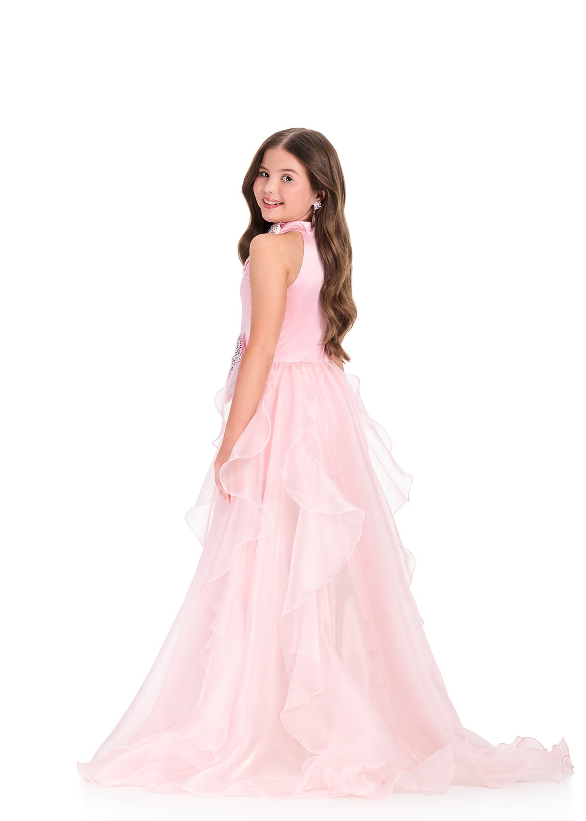 ASHLEYlauren 8412 Gown | show stopping light pink fun fashion with dazzling bows