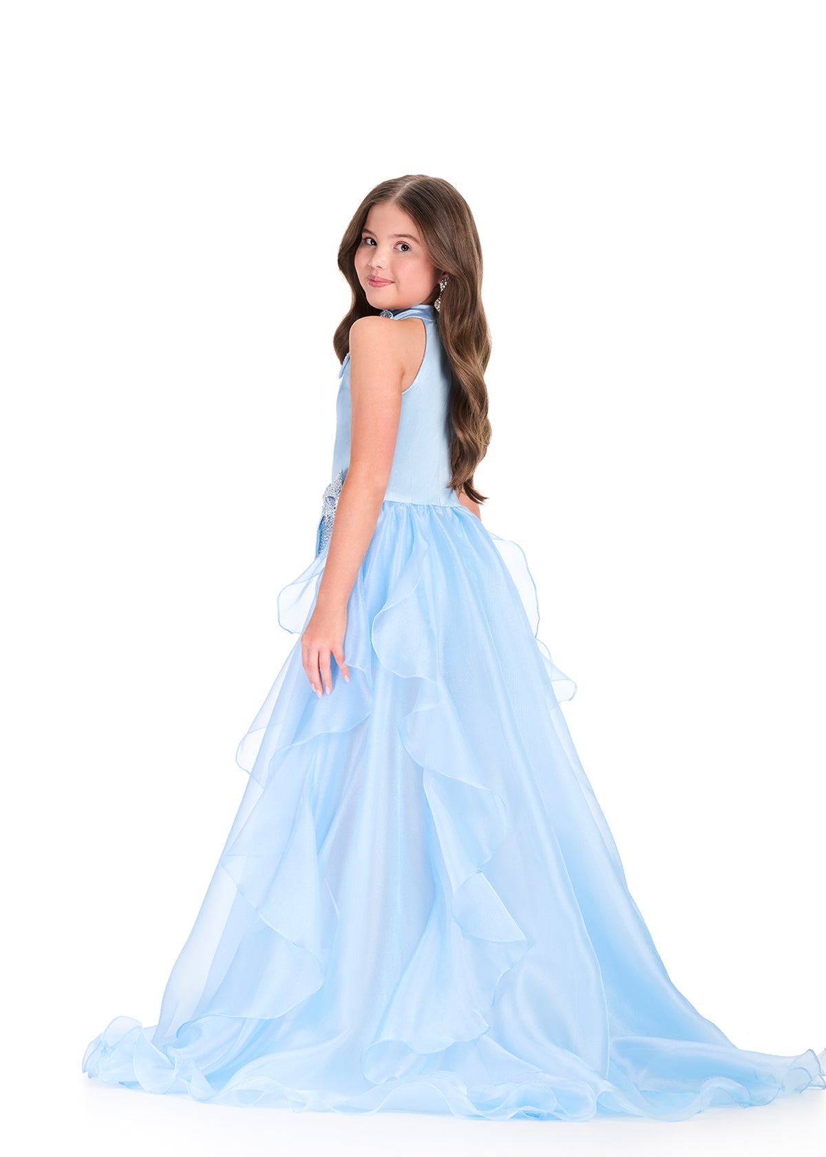ASHLEYlauren 8412 Gown | Kids light blue fun fashion with sparkly bows and a blue overskirt 
