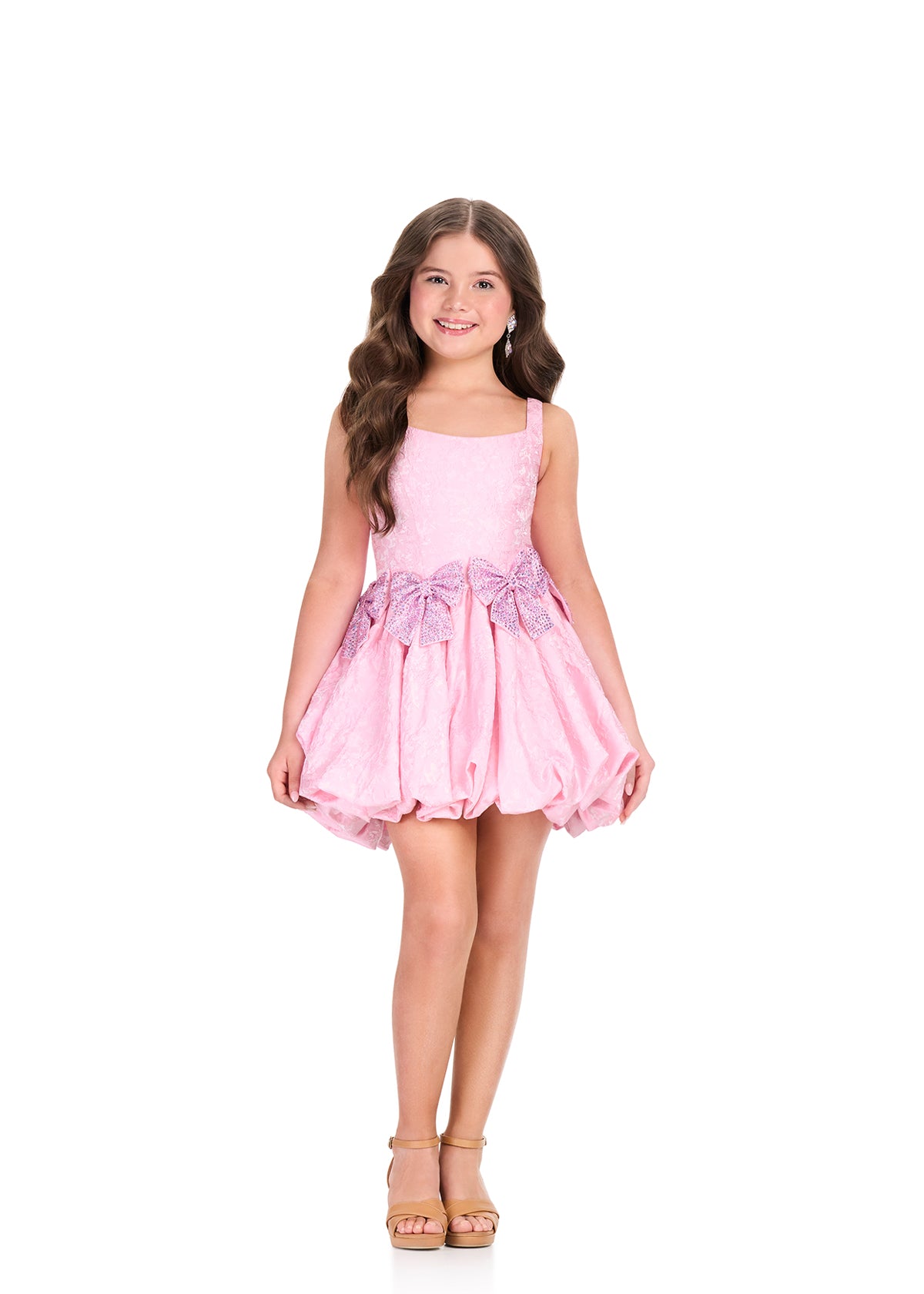 ASHLEYlauren 8413 Cocktail | Beautiful light pink floral cocktail dress that showcases sparkly bows
