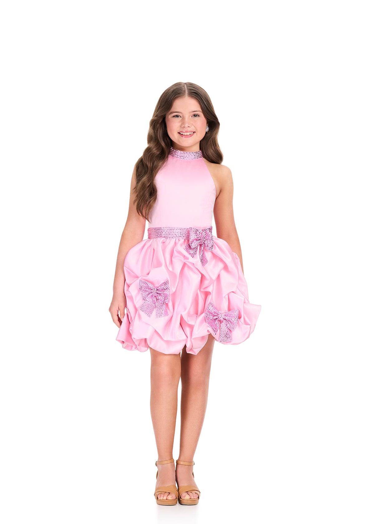 ASHLEYlauren 8414 Cocktail | Light pink cocktail dress that features sparkly belt collar and bows