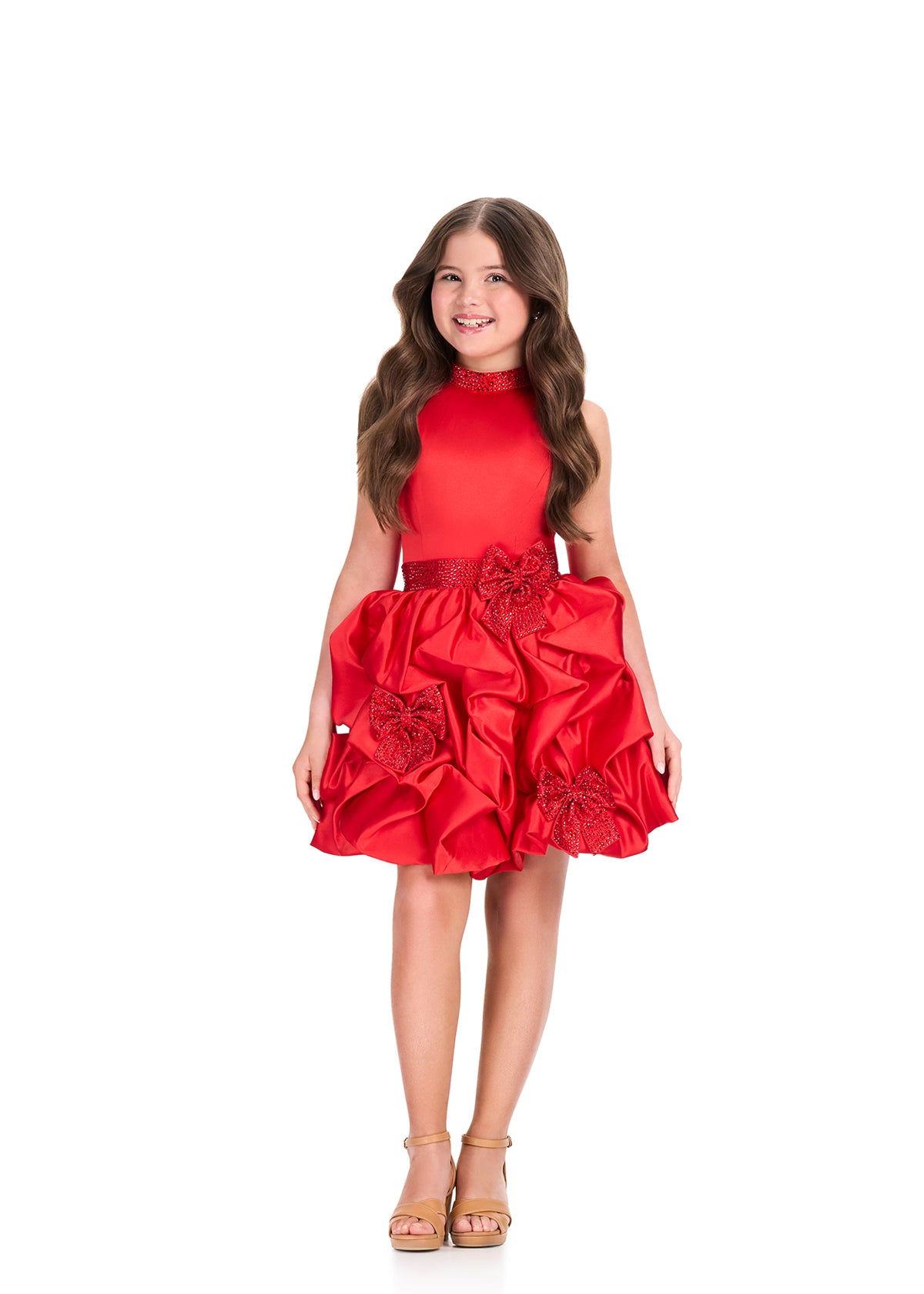 ASHLEYlauren 8414 Cocktail | Gorgeous red cocktail dress with sparkly belt and dazzling bows 