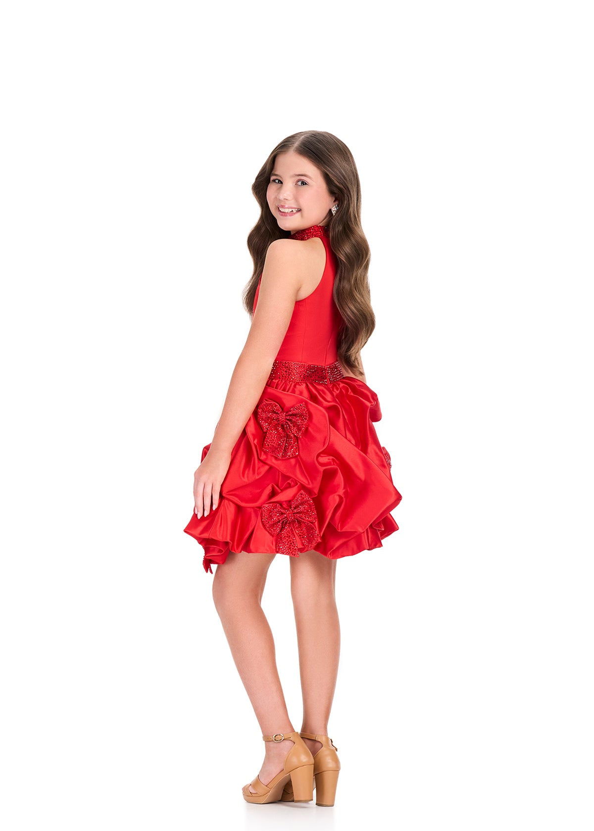 ASHLEYlauren 8414 Cocktail | Kids stunning red dress with a sparkly belt and bow 