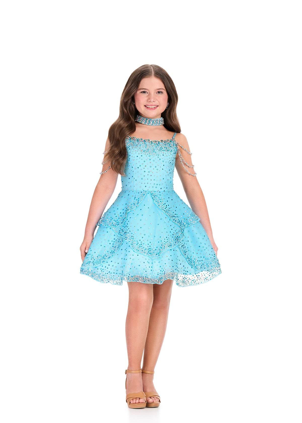 ASHLEYlauren 8417 Cocktail | elegant blue dress with sparkles all over the dress and stunning straps