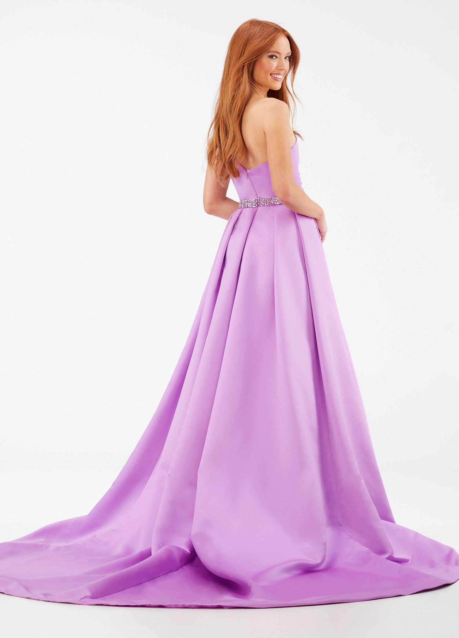 Back - ASHLEYlauren 11075 lilac heavy satin ball gown featuring a one shoulder design, sweetheart neckline, beaded waistband, and an elegant A-line silhouette for a standout look.