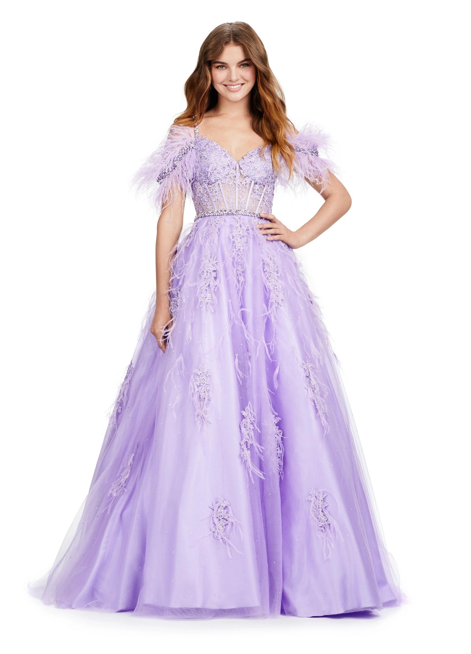ASHLEYlauren 11447 orchid A-line gown with beaded corset bustier, feather off shoulder straps, exposed boning, and lace appliqué
