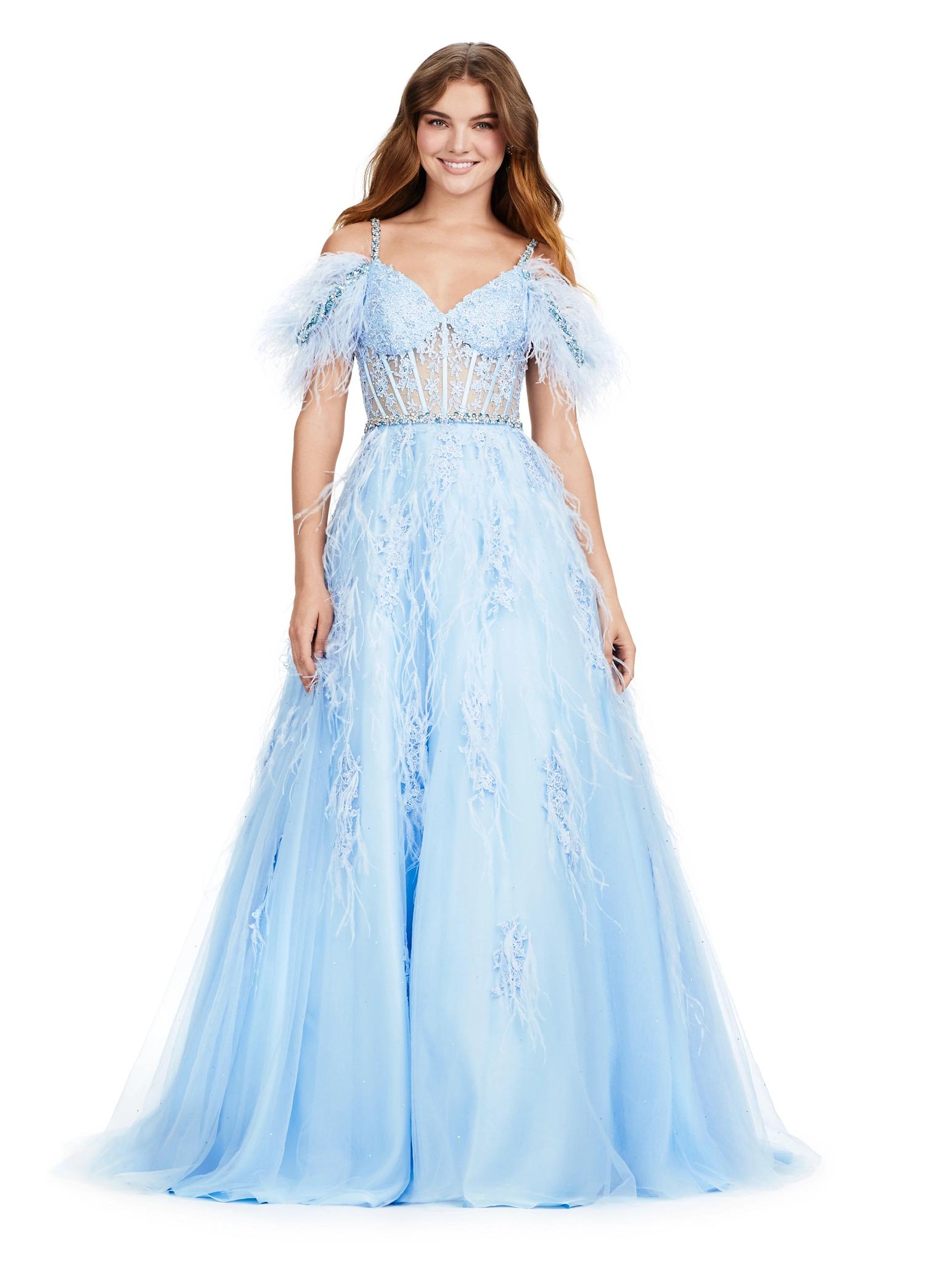 ASHLEYlauren 11447 sky A-line gown with beaded corset bustier, feather off shoulder straps, exposed boning, and lace appliqué