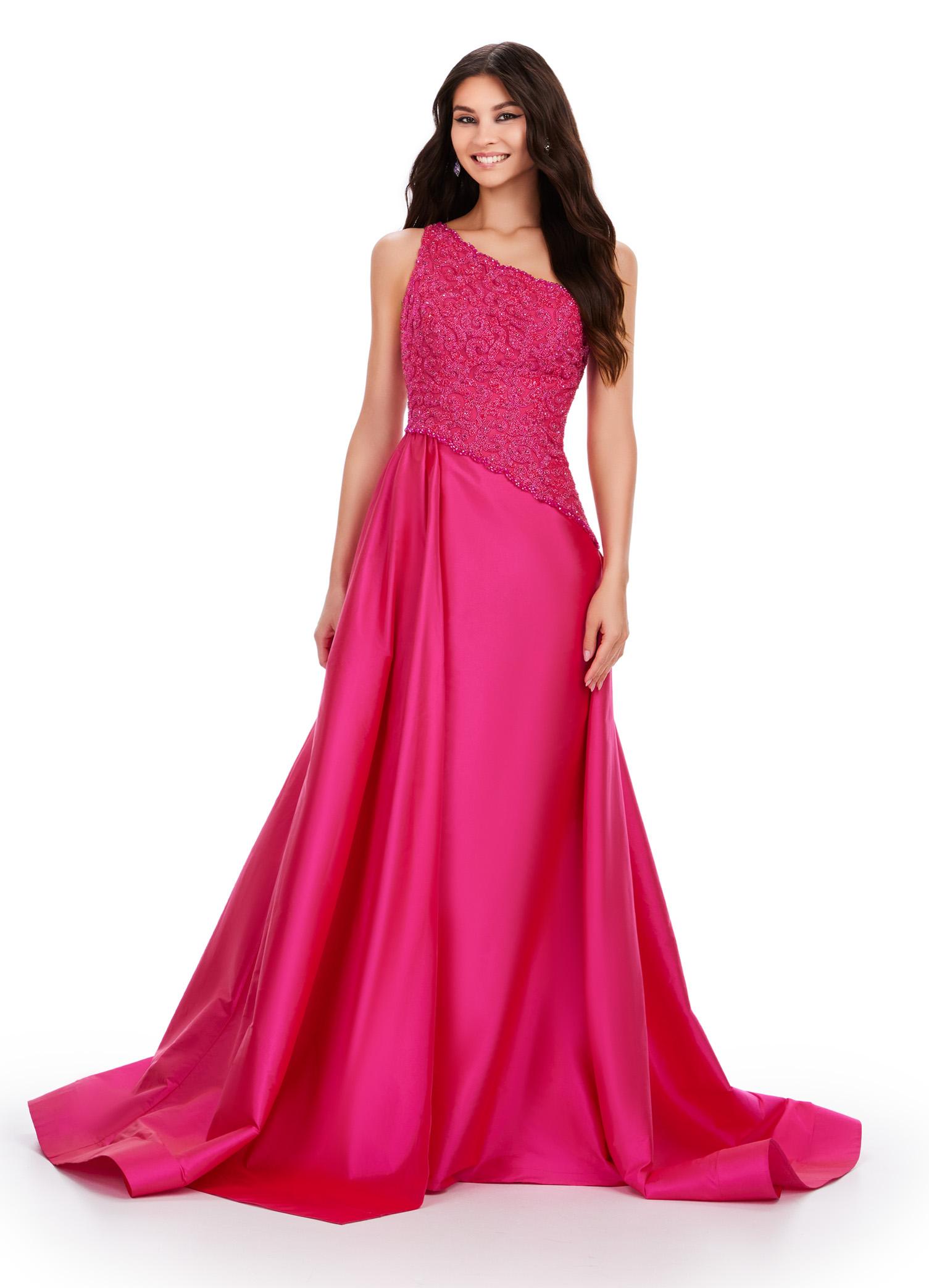 ASHLEYlauren 11456 One Shoulder Beaded Overskirt Gown