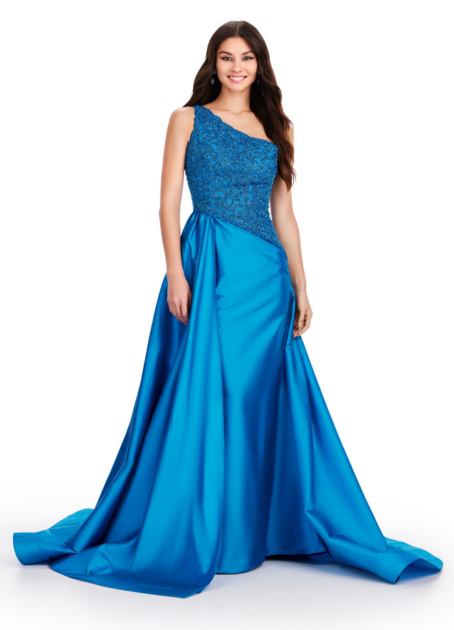 ASHLEYlauren 11456 peacock one shoulder gown with beaded bustier, open back, and dramatic taffeta skirt and overskirt