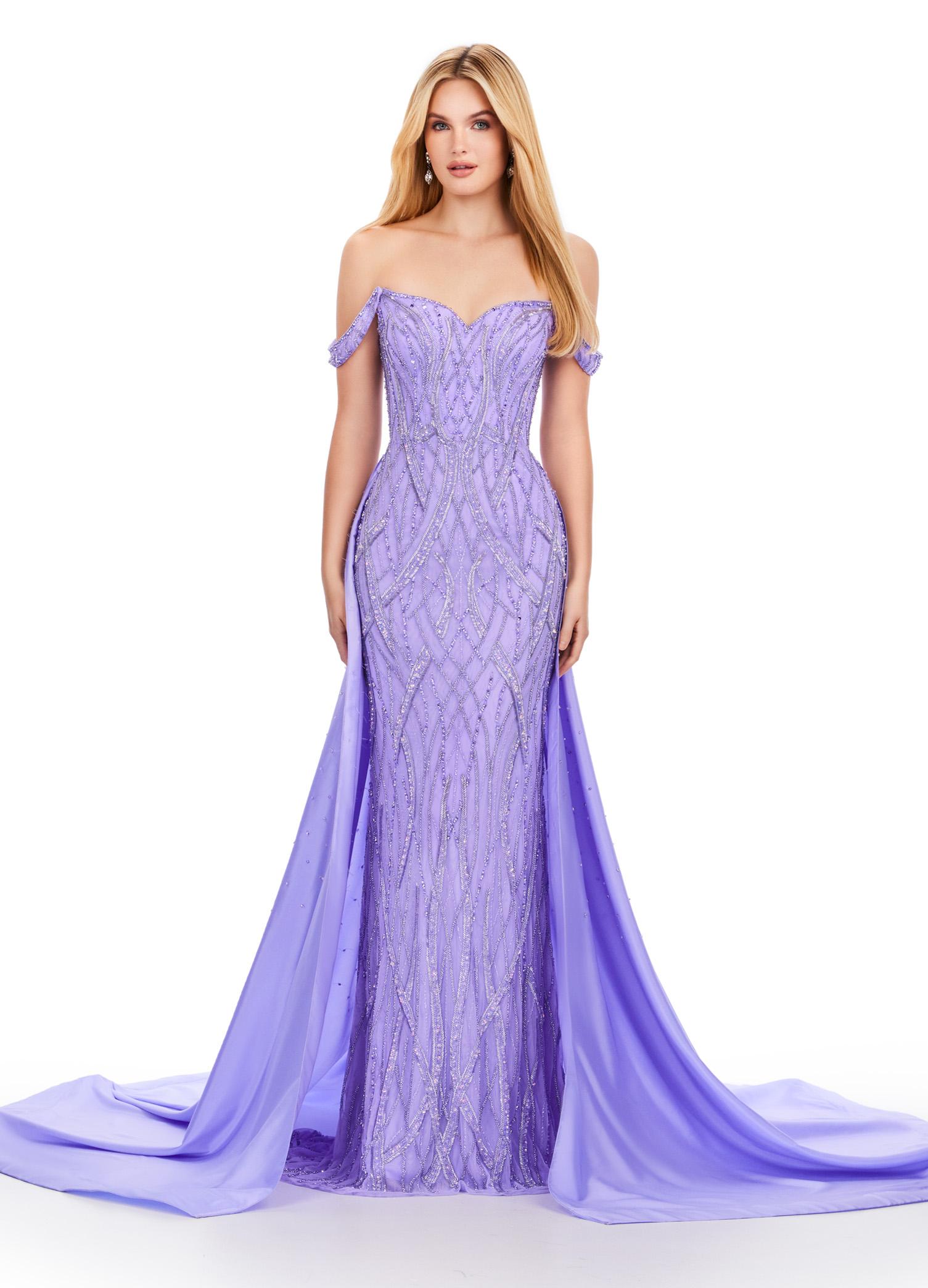 ASHLEYlauren 11458 lilac off shoulder gown with beading, sweetheart neckline, and dramatic taffeta overskirt