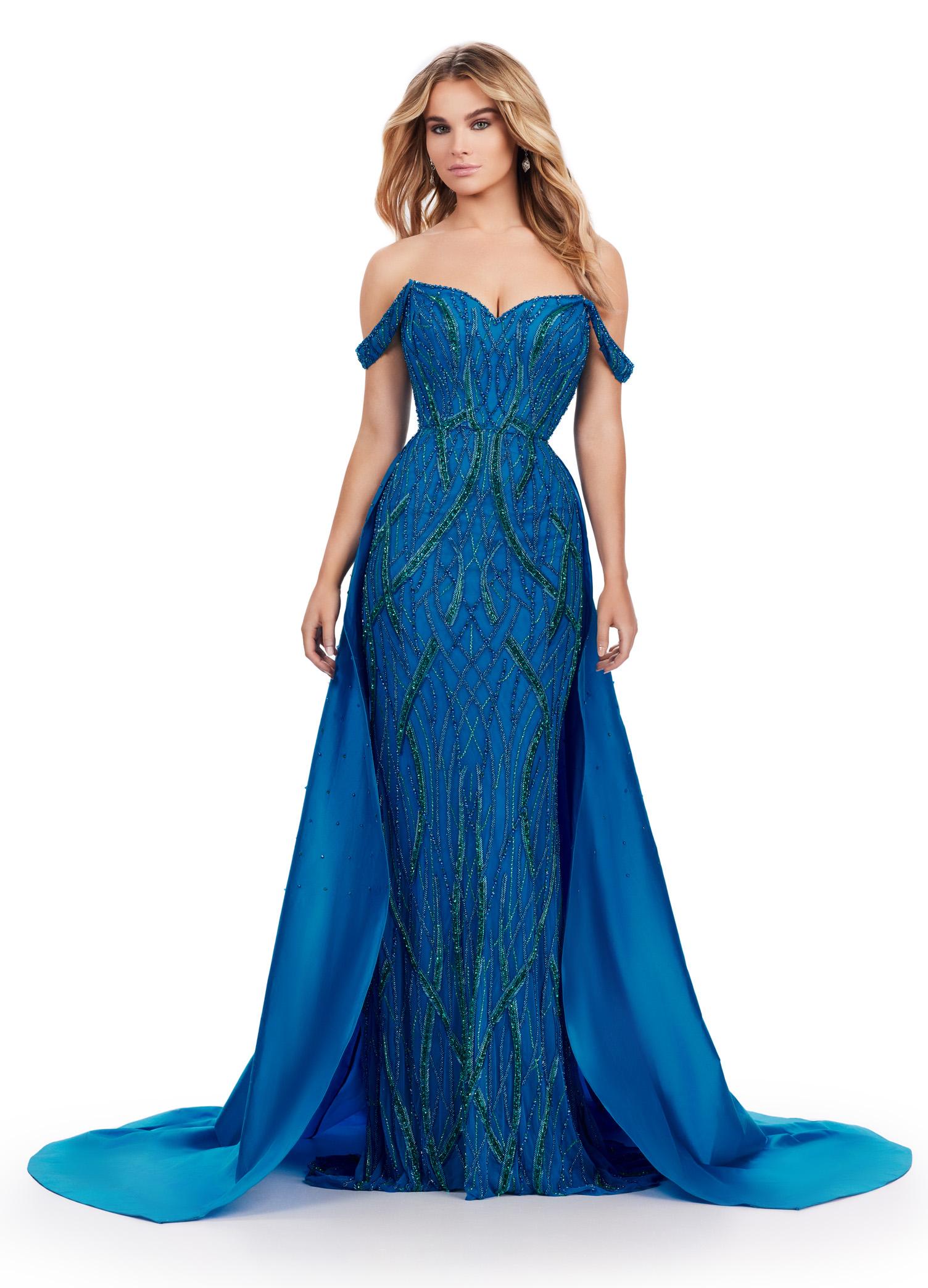 ASHLEYlauren 11458 peacock off shoulder gown with green beading, sweetheart neckline, and dramatic taffeta overskirt