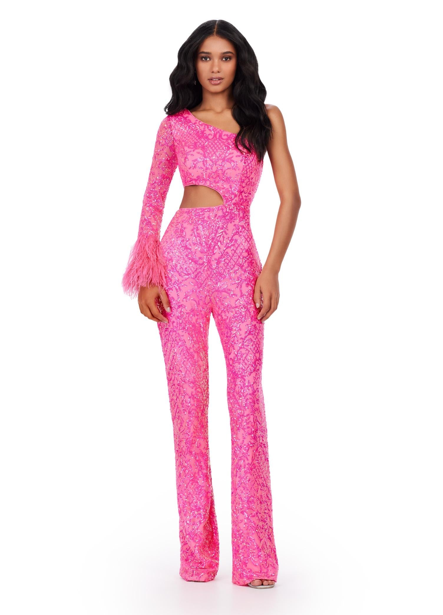 ASHLEYlauren 11465 hot pink one shoulder sequin jumpsuit with side waist cut out and feather cuff detail