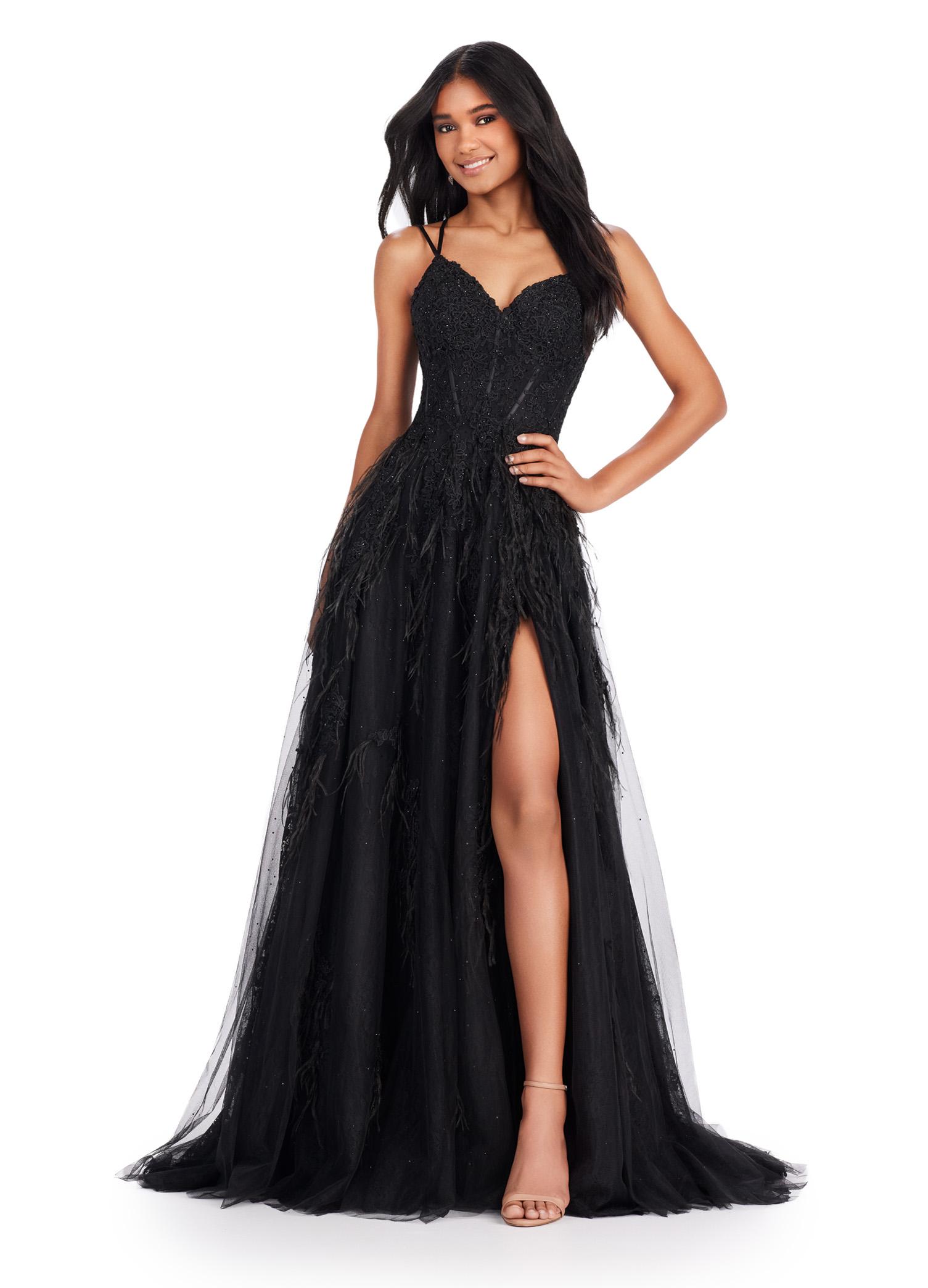 ASHLEYlauren 11480 back A-line gown with feather and jewel embellishments, corset bodice, lace up back, and left leg slit