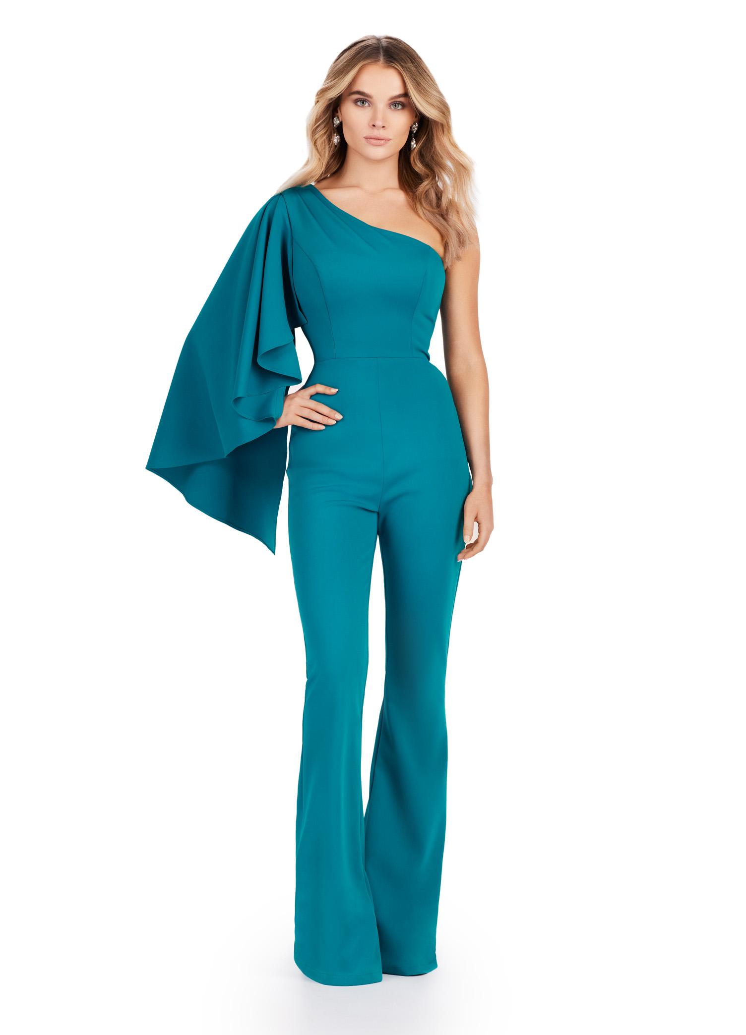 ASHLEYlauren 11534 - One Shoulder Scuba Jumpsuit with Ruffle