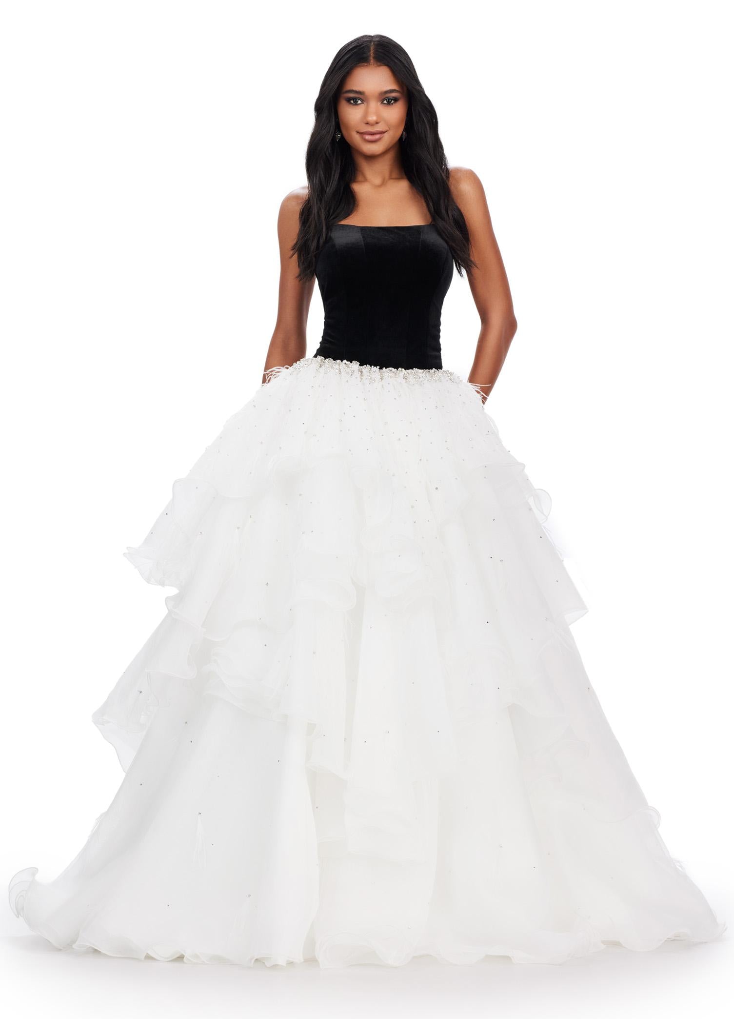 ASHLEYlauren 11564 Black/Ivory Strapless Velvet Bustier Ball Gown with Dramatic Ruffled Organza Skirt and Beaded Waist Detail