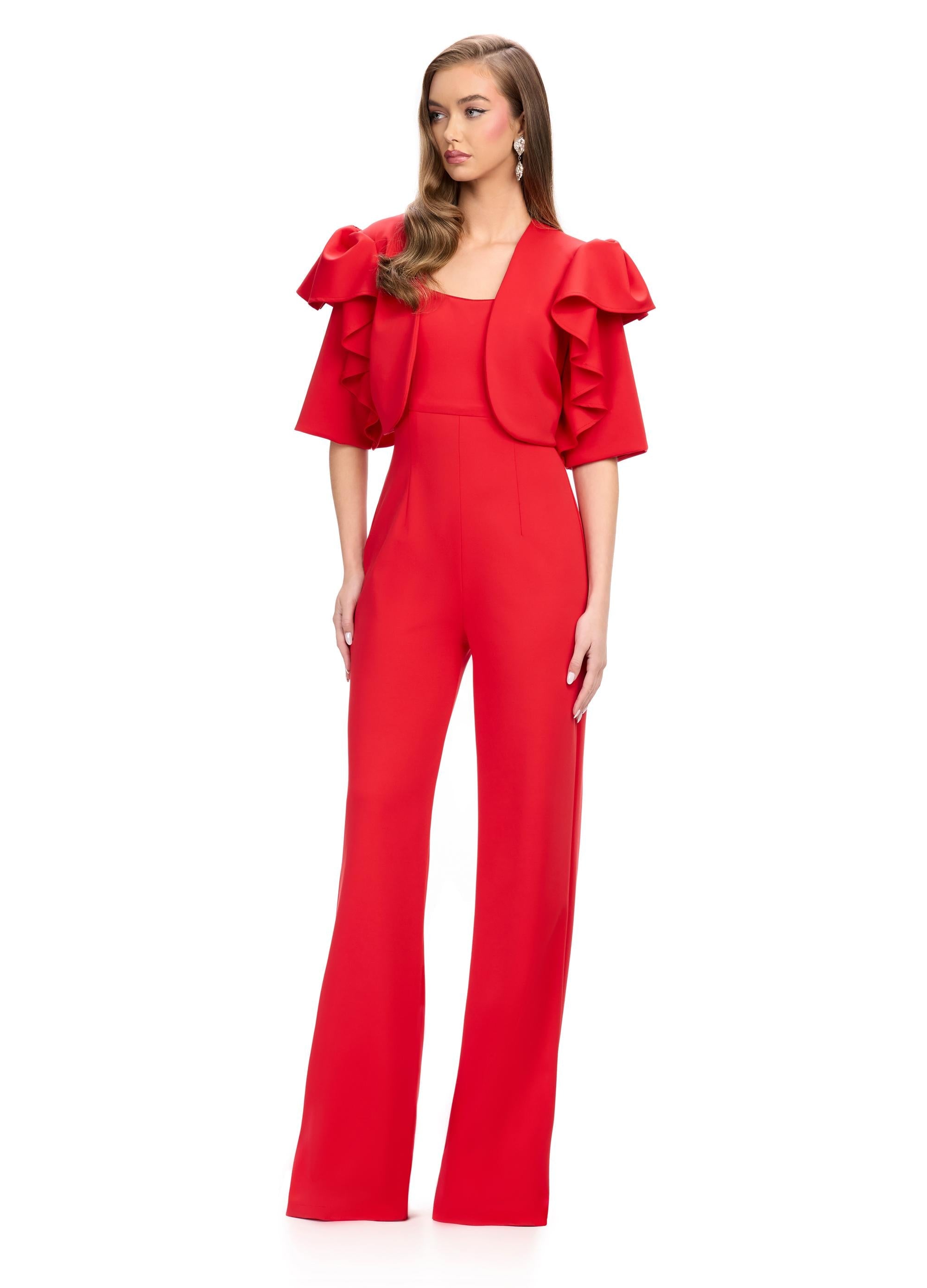 ASHLEYlauren 11760 Red Scuba Jumpsuit with Spaghetti Straps and Removable Ruffle-Accented Jacket for a Bold, Stylish Look