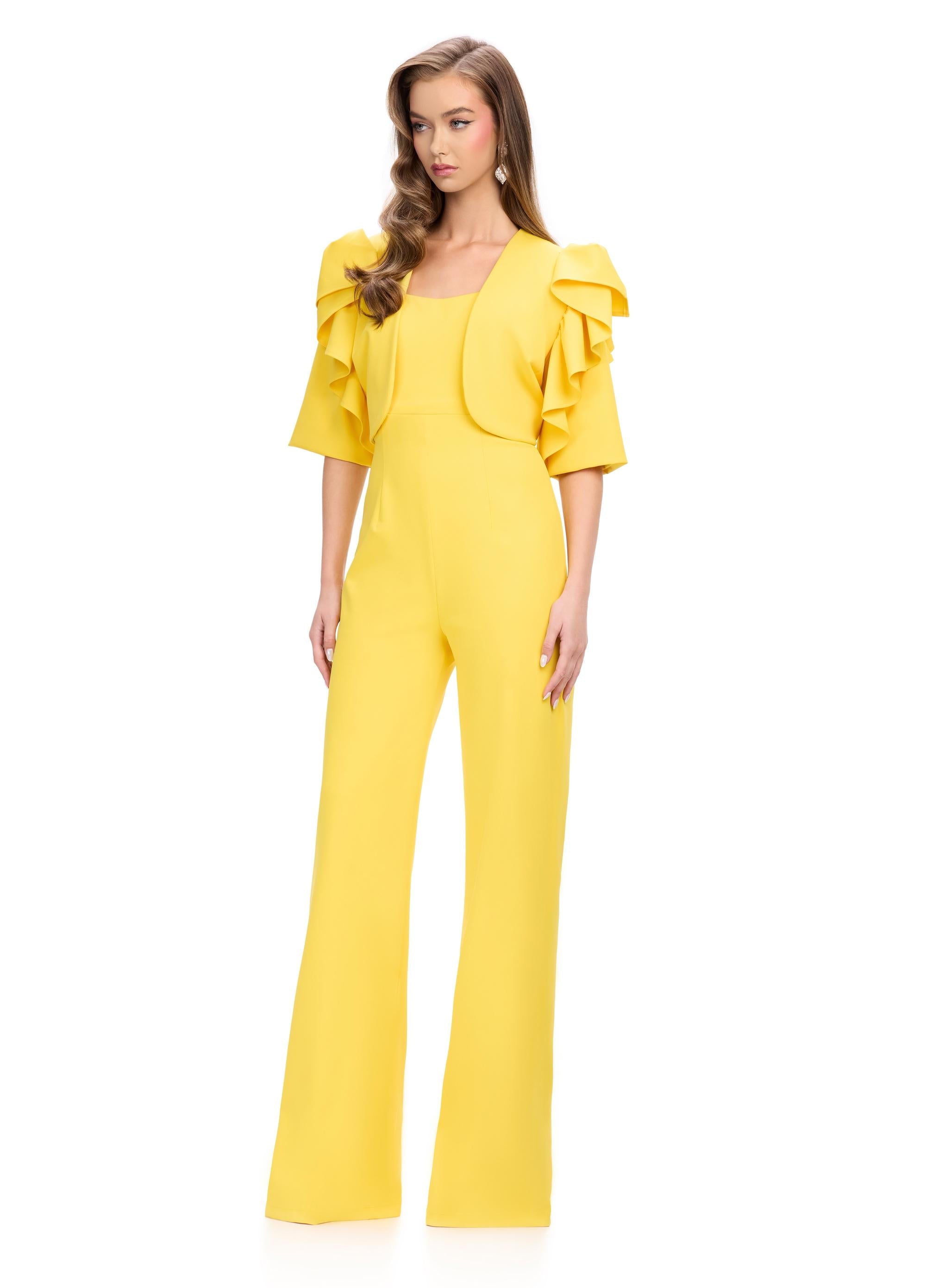 ASHLEYlauren 11760 Yellow Scuba Jumpsuit with Spaghetti Straps and Removable Ruffle-Accented Jacket for a Bold, Stylish Look