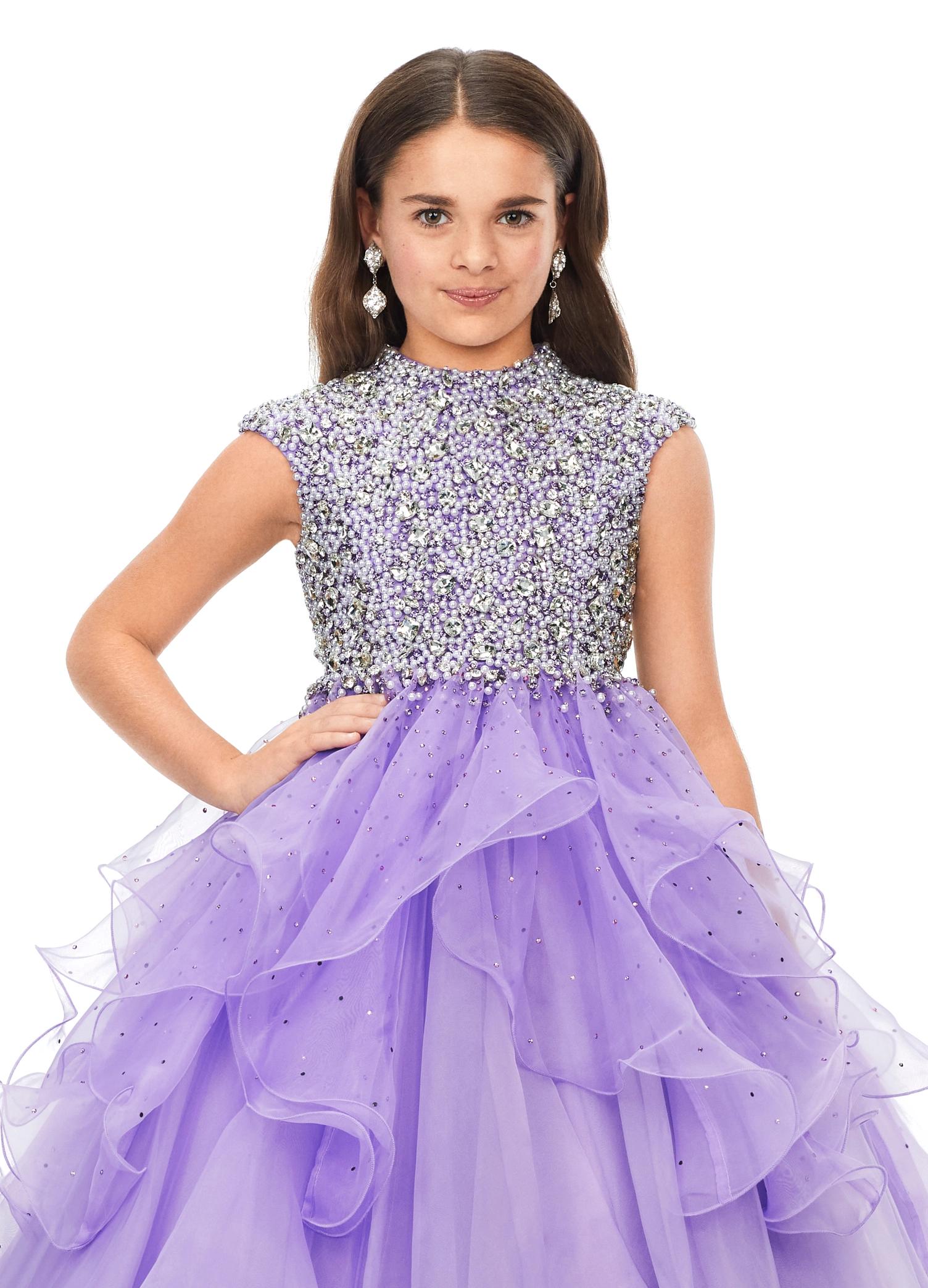 ASHLEYlauren Kids 8180 High Neckline Ball Gown with Crystal & Pearl Bodice and Ruffle Skirt