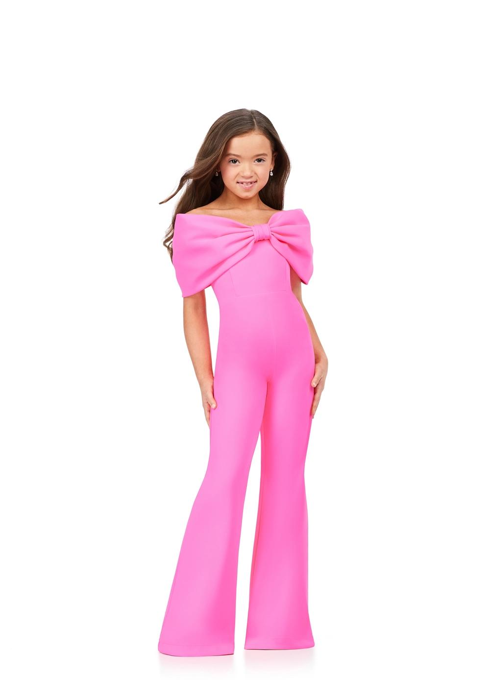 ASHLEYlauren Kids 8227 Pink Off Shoulder Scuba Jumpsuit with Oversized Bow. 