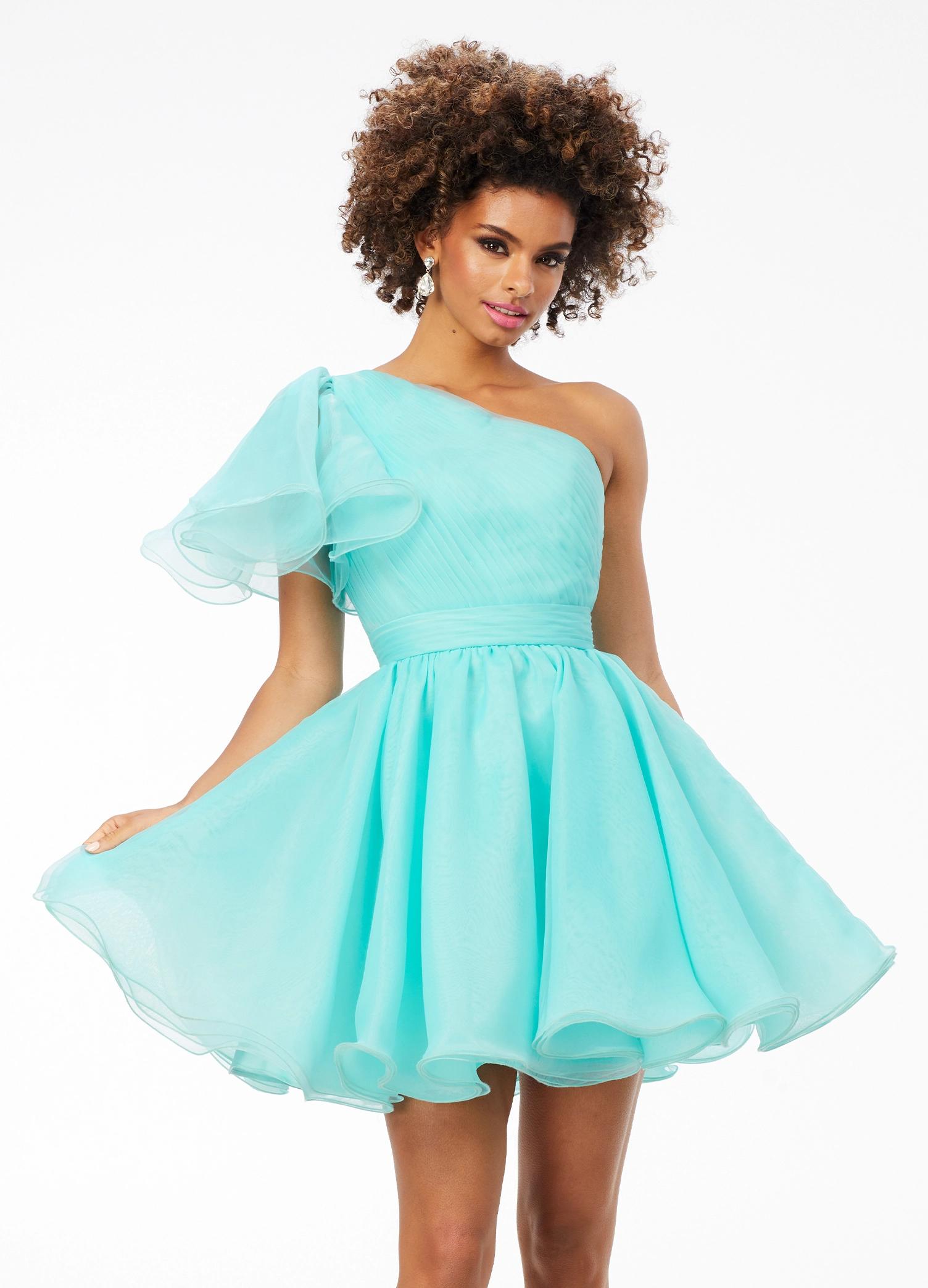 Aqua ASHLEYlauren 4524 organza cocktail dress featuring a one shoulder neckline with a flutter sleeve, an A-line skirt with a wire hem for added structure, and a playful, sassy vibe.