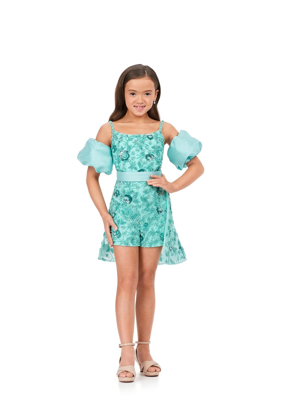 ちはる　ララムーン　ロング ASHLEYlauren 8233 - Beaded Romper with Puff Sleeves and