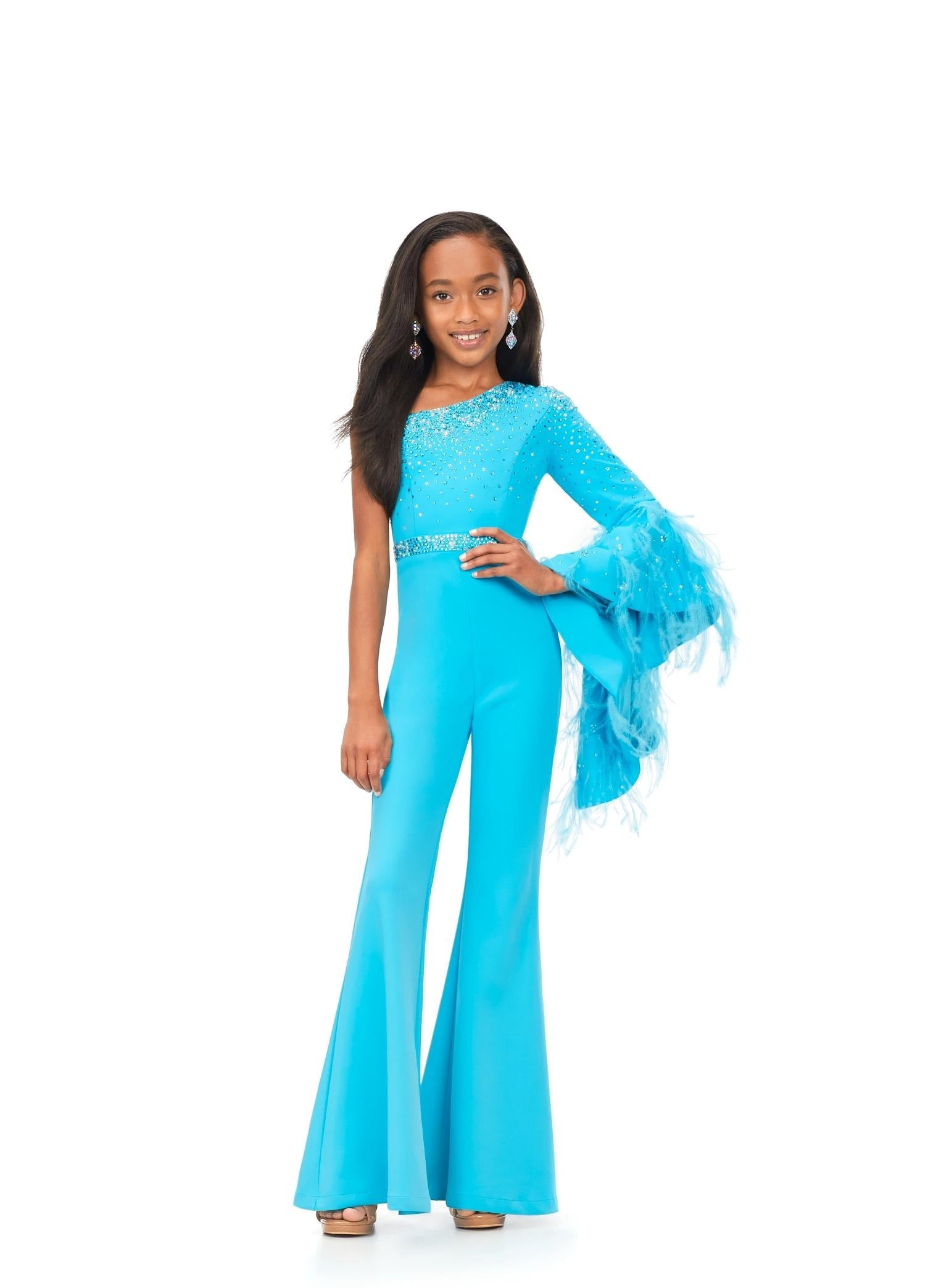 Aqua ASHLEYlauren Kids 8178 One Shoulder Scuba Jumpsuit with Feather Bell Sleeve and Stone Accents