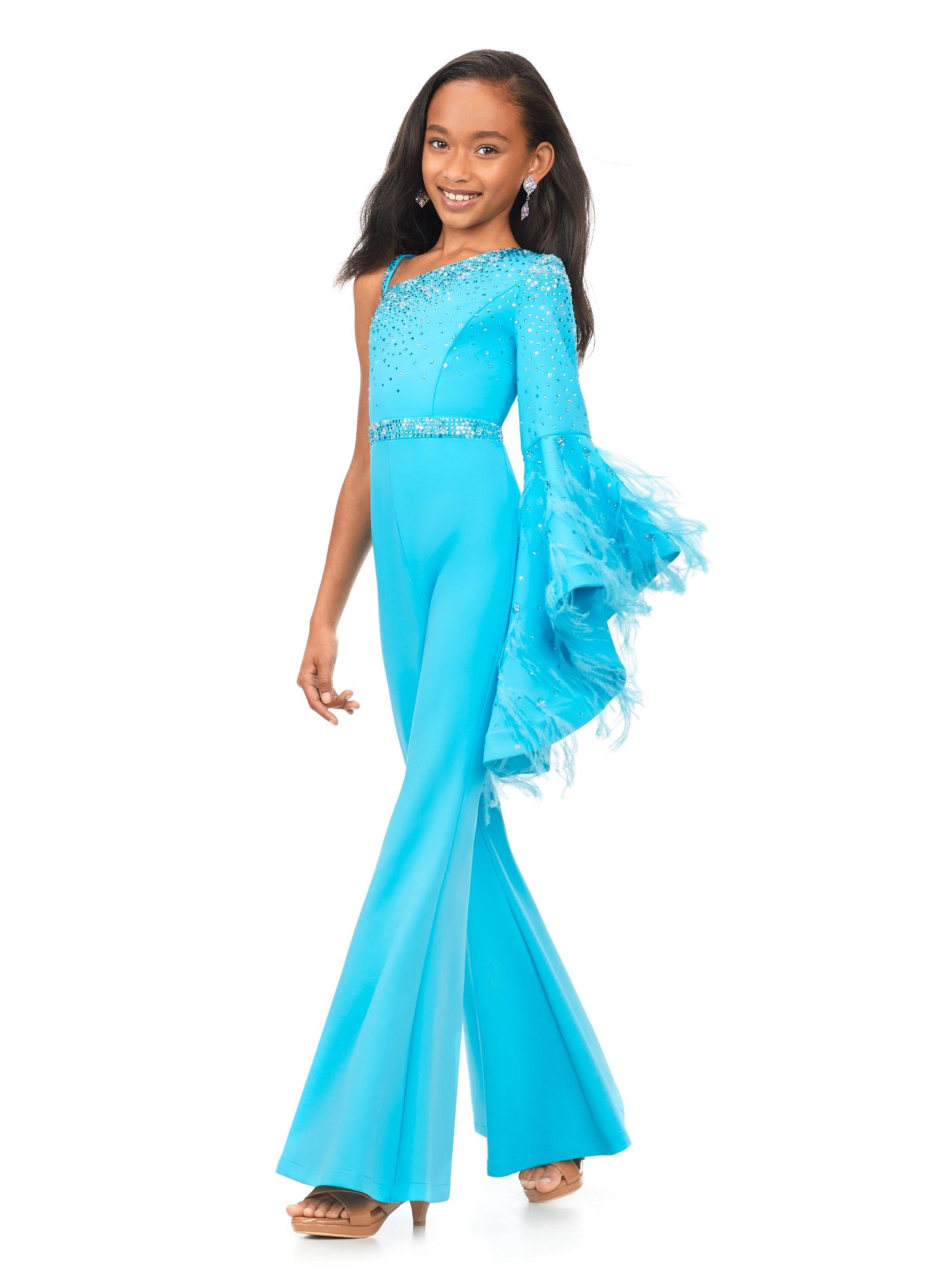 Aqua ASHLEYlauren Kids 8178 One Shoulder Scuba Jumpsuit with Feather Bell Sleeve and Stone Accents