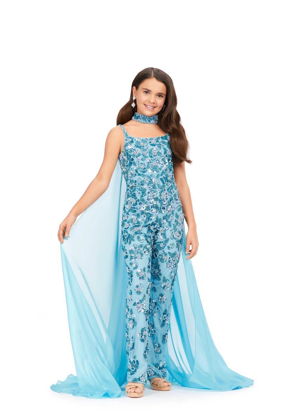 Aqua ASHLEYlauren Kids 8190 Fully Beaded Jumpsuit with Matching Choker and Attached Cape