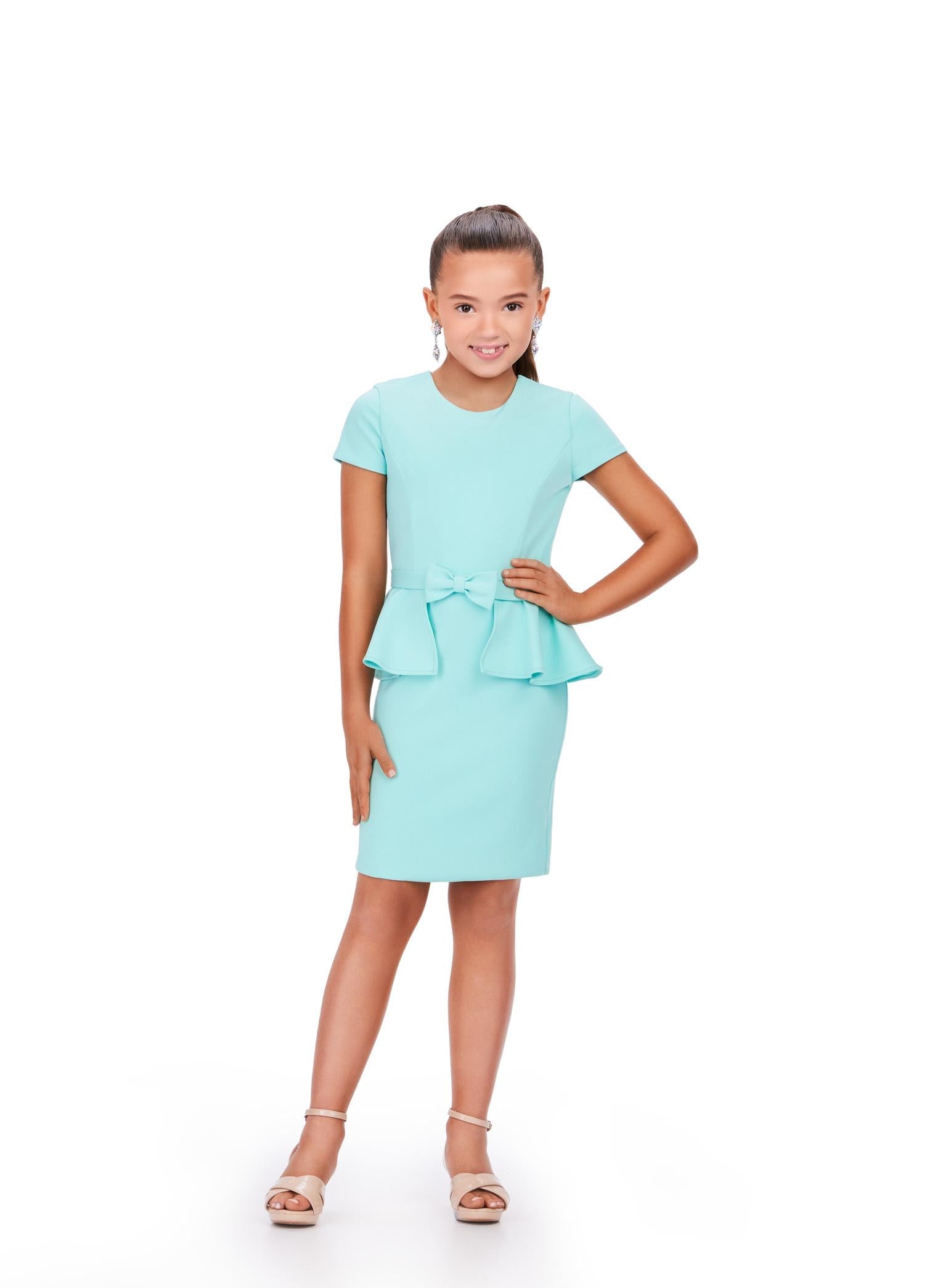 Aqua ASHLEYlauren Kids 8205 Fitted Scuba Cocktail Dress with Peplum Detail and Bow