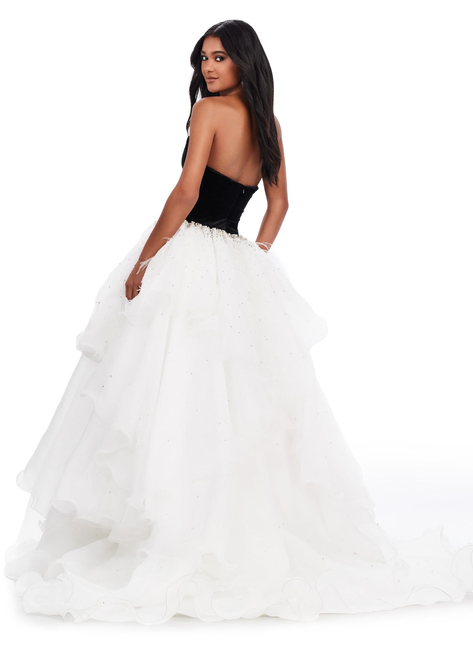Back. ASHLEYlauren 11564 Black/Ivory Strapless Velvet Bustier Ball Gown with Dramatic Ruffled Organza Skirt and Beaded Waist Detail