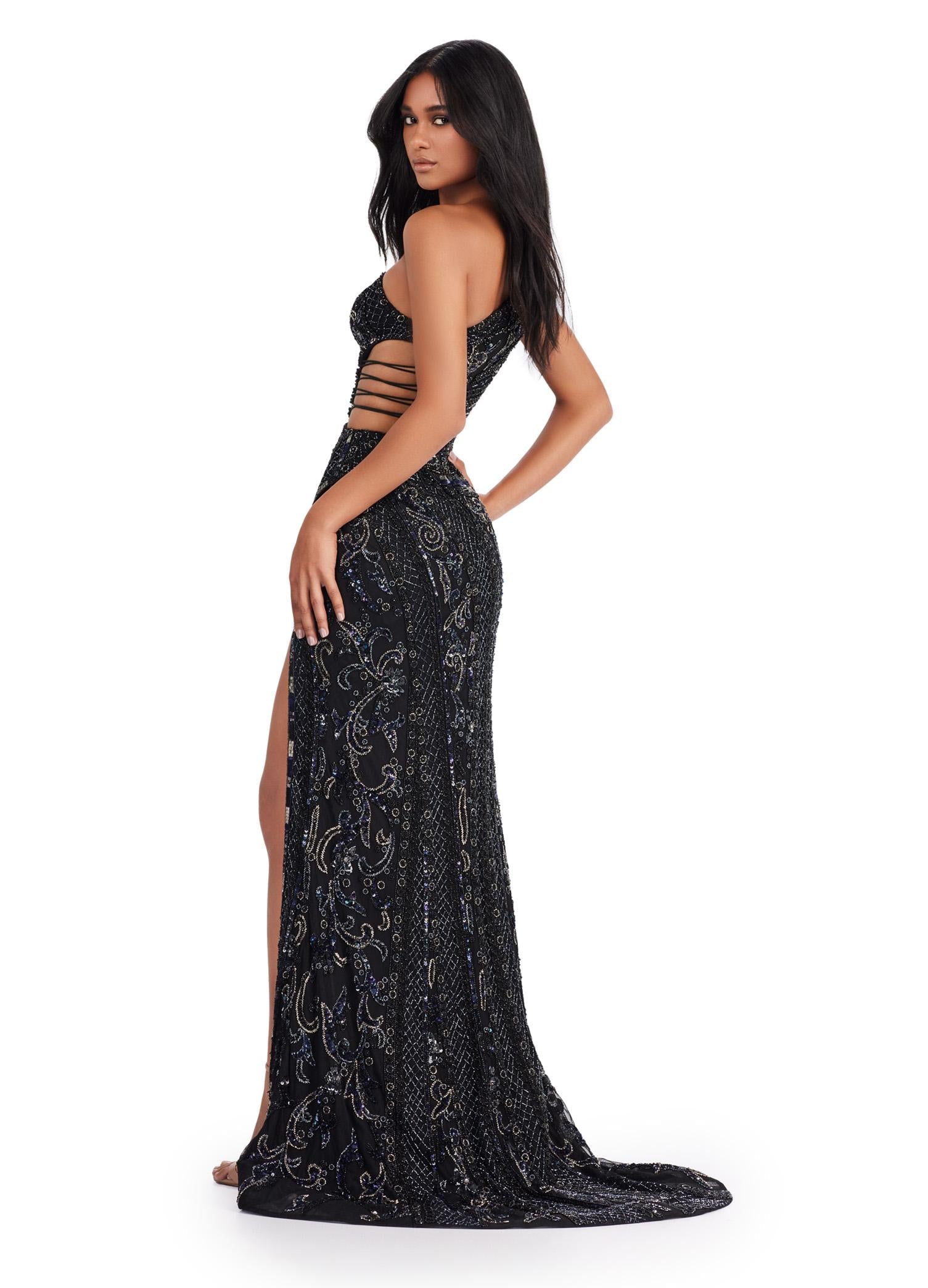 Back. ASHLEYlauren 11489 Fully Beaded One Shoulder Gown with Asymmetric Cut Outs, Intricate Beaded Design, and Left Leg Slit