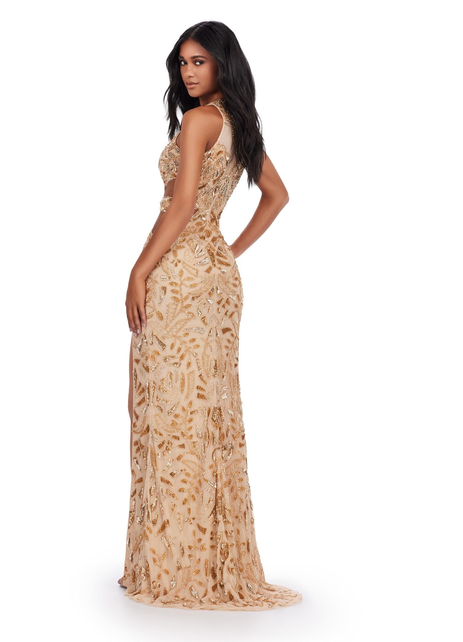 Back. ASHLEYlauren 11501 Gold Fully Beaded High Neckline Gown with Waist Cut Outs and Left Leg Slit