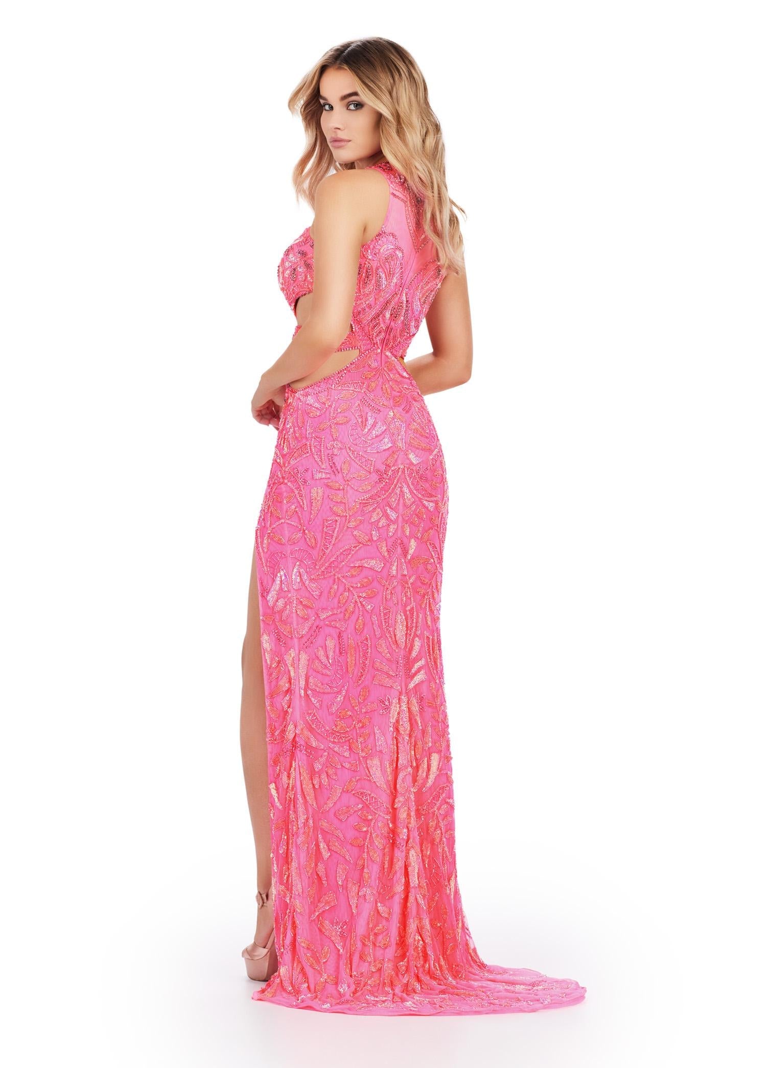 Back. ASHLEYlauren 11501 Hot Pink Fully Beaded High Neckline Gown with Waist Cut Outs and Left Leg Slit
