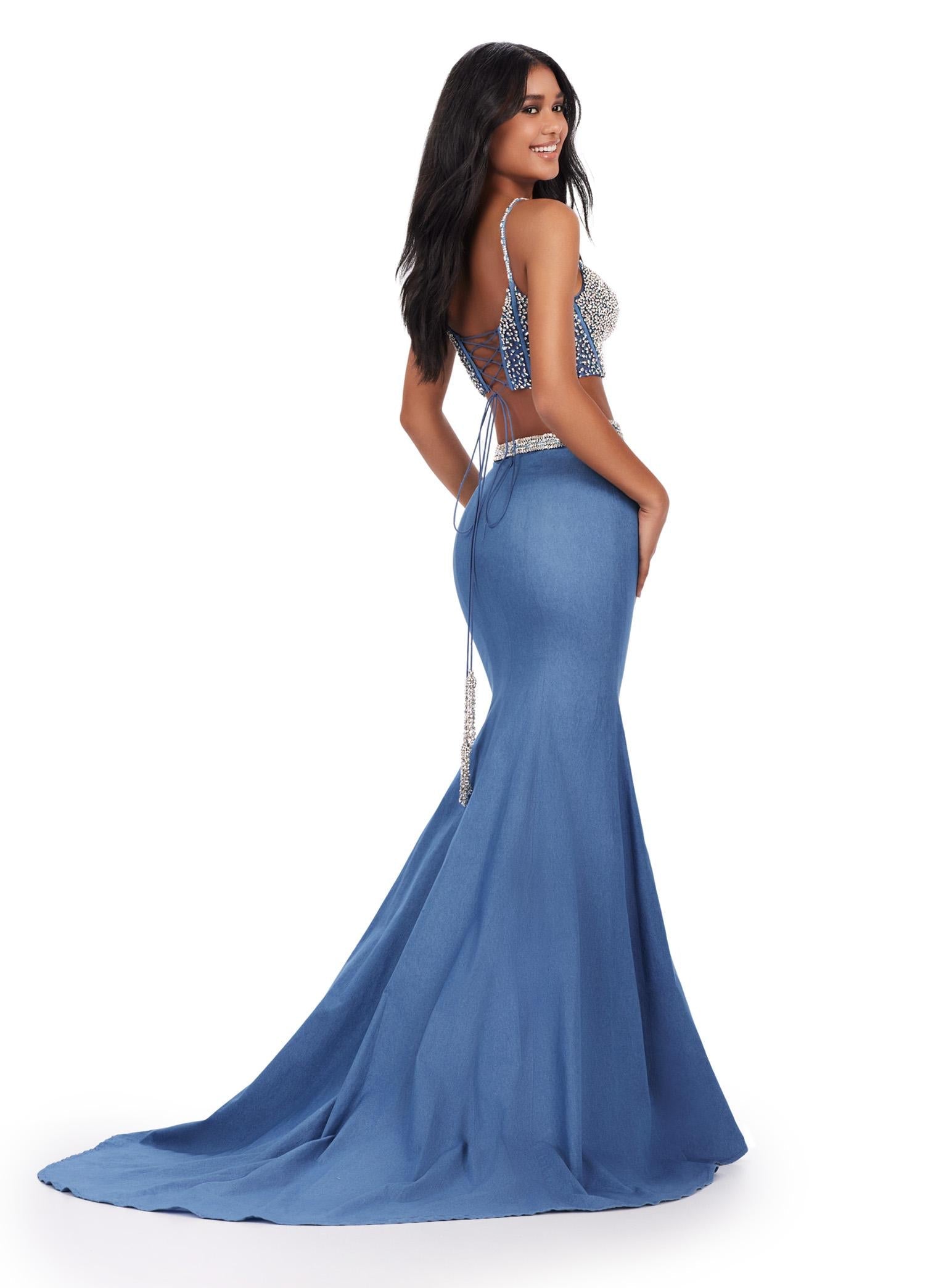 Back. ASHLEYlauren 11511 Denim Two Piece with Corset Bustier, Lace Up Back, Beaded Waist Belt, and Sweep Train