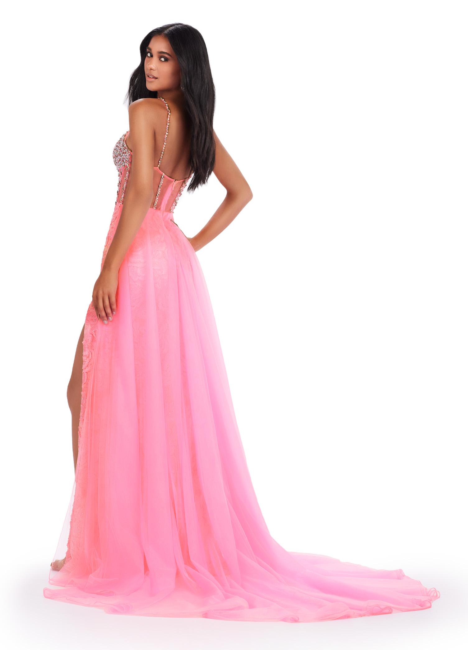 Back. ASHLEYlauren 11517 Candy Pink Lace Applique Gown with Beaded Corset Bustier, Left Leg Slit, and Tulle Overskirt