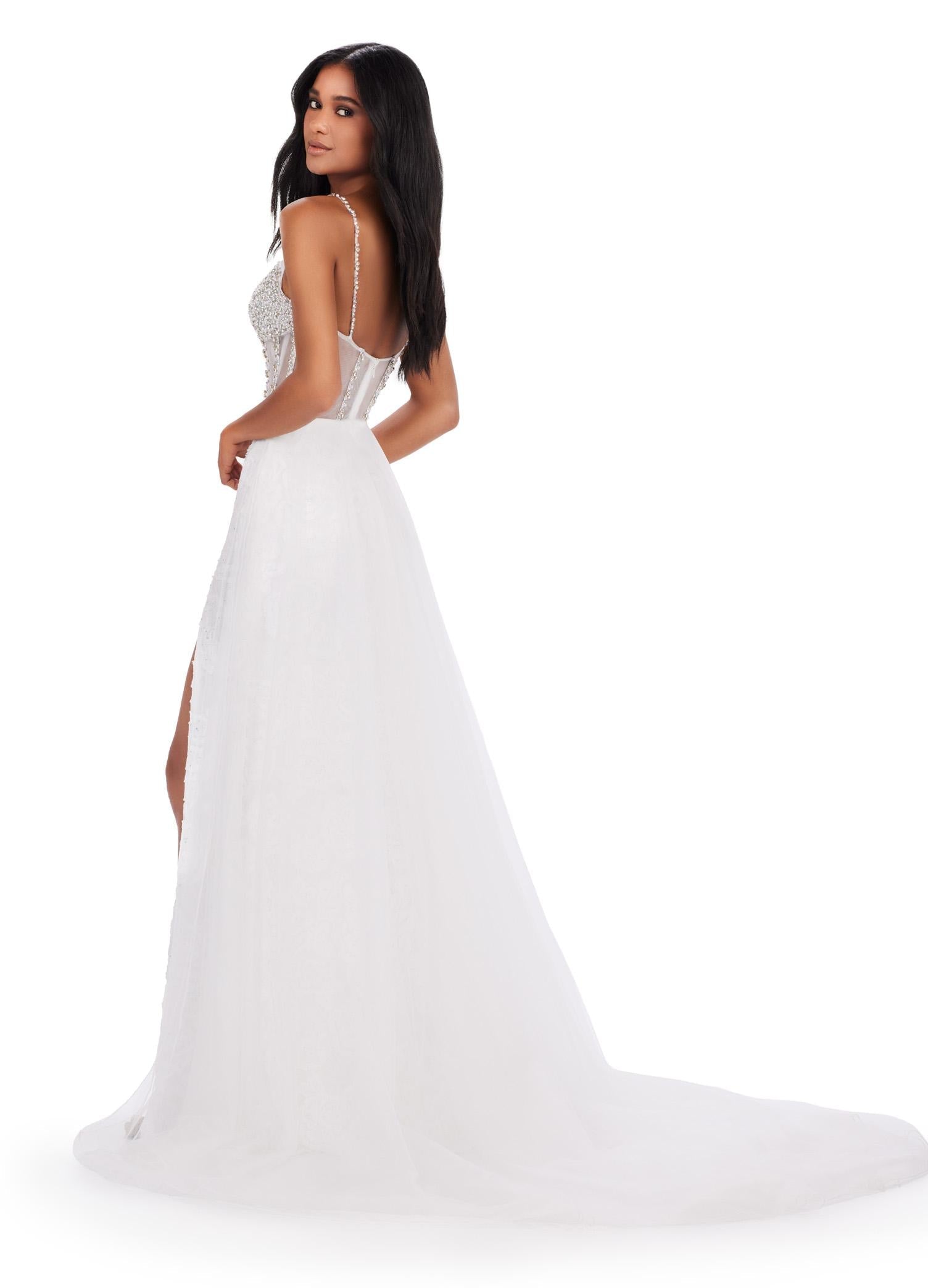 Back. ASHLEYlauren 11517 Ivory Lace Applique Gown with Beaded Corset Bustier, Left Leg Slit, and Tulle Overskirt