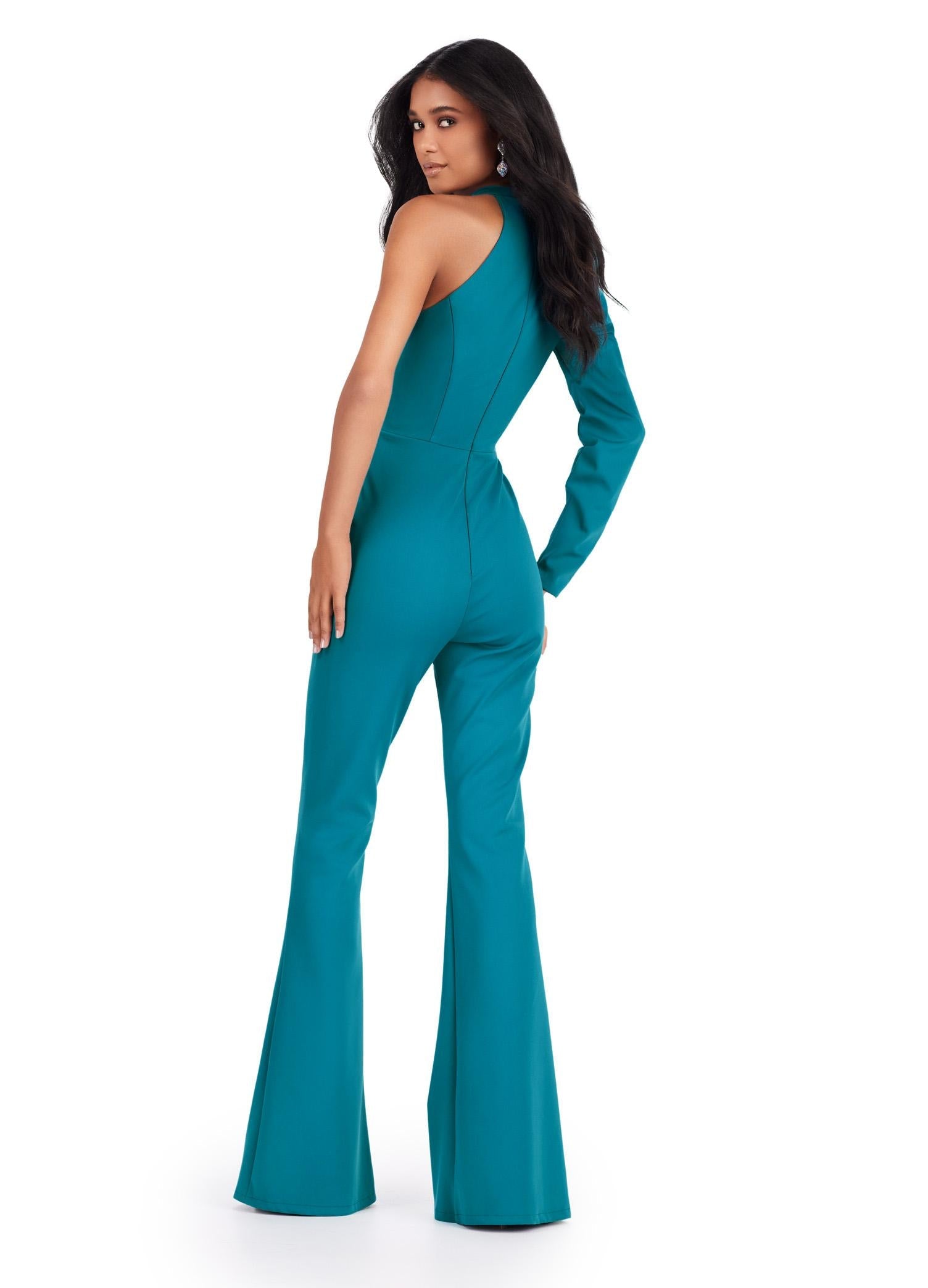 Back. ASHLEYlauren 11531 Teal Scuba Jumpsuit with High Neckline, One Shoulder Design, and Exaggerated Puff Sleeve
