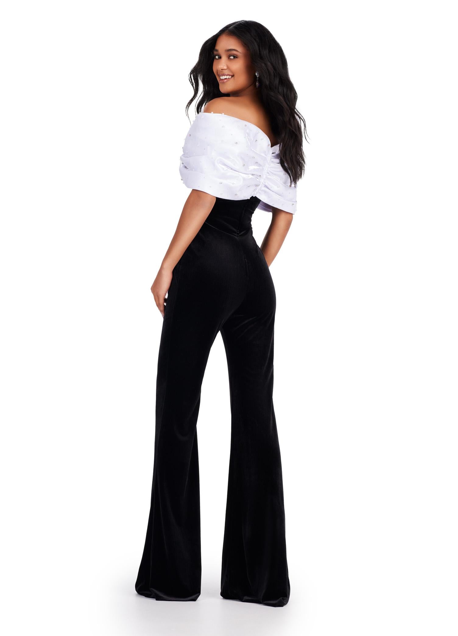 Back. ASHLEYlauren 11535 Strapless Velvet Jumpsuit with Off Shoulder Design, Oversized Satin Bow, and Pearl & Crystal Accents