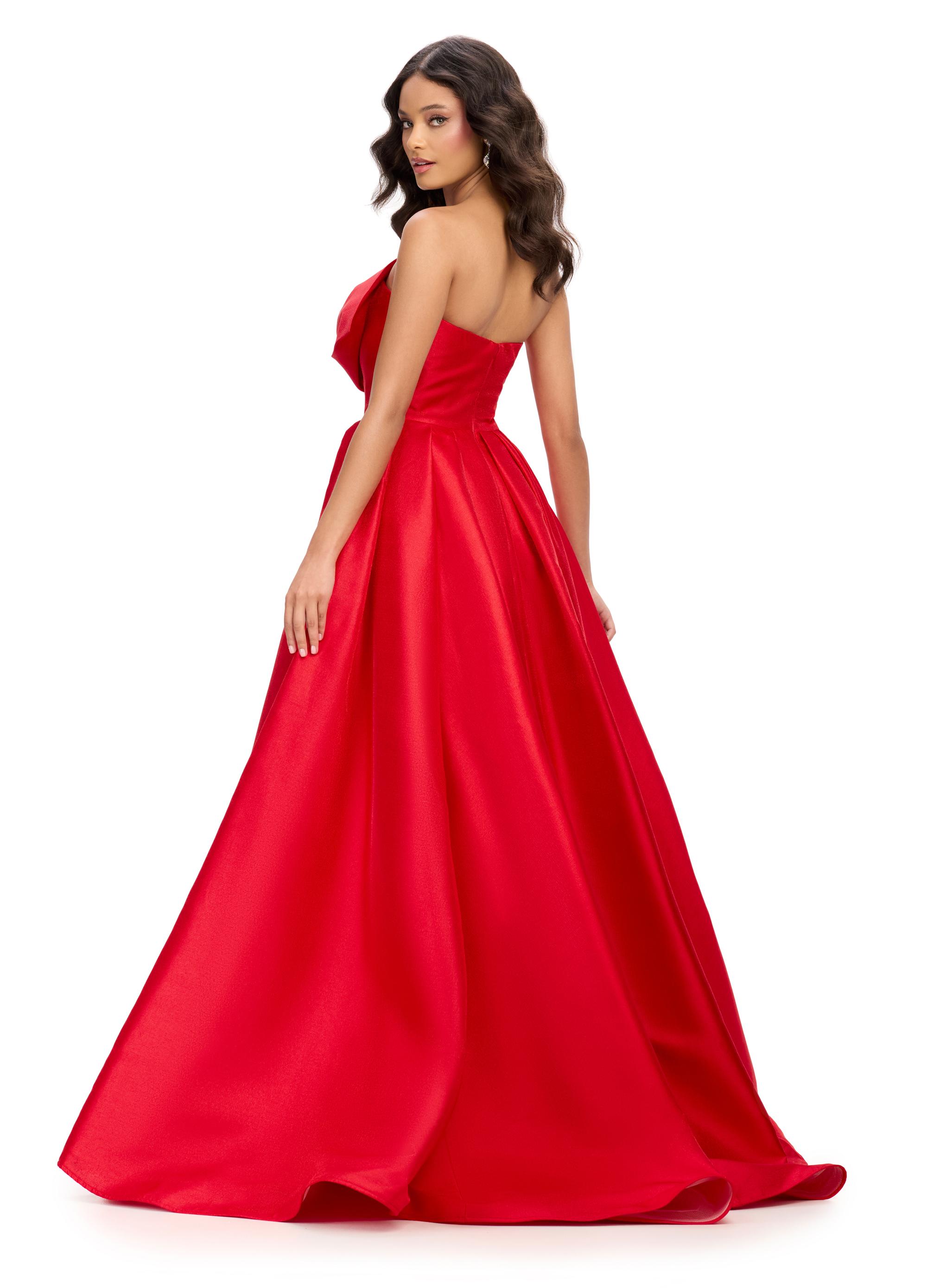 Back. ASHLEYlauren 11609 Red Strapless Mikado Ball Gown with Illusion V-Neckline, Oversized Asymmetrical Bow, and A-Line Wrap Skirt