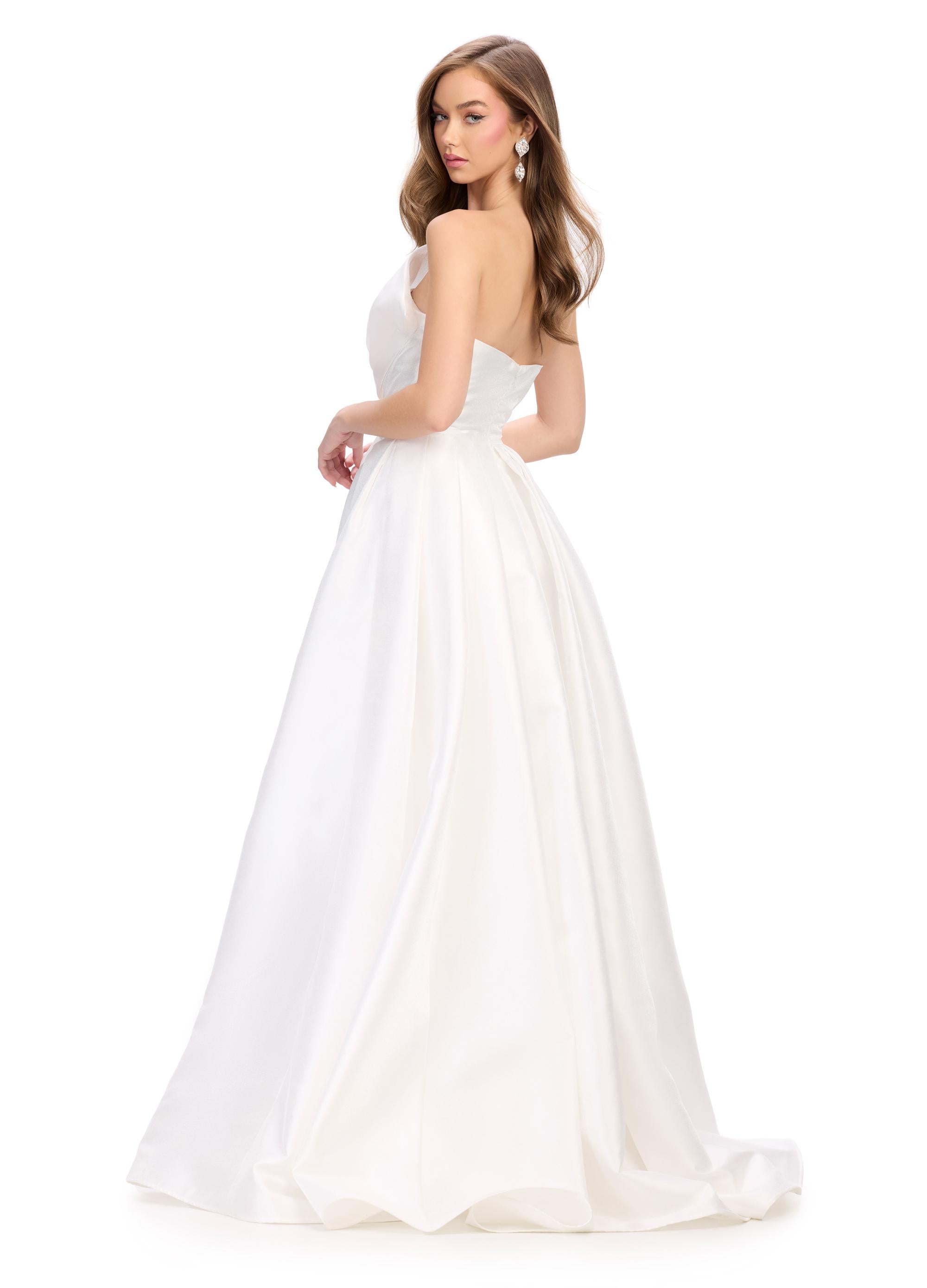 Back. ASHLEYlauren 11609 White Strapless Mikado Ball Gown with Illusion V-Neckline, Oversized Asymmetrical Bow, and A-Line Wrap Skirt