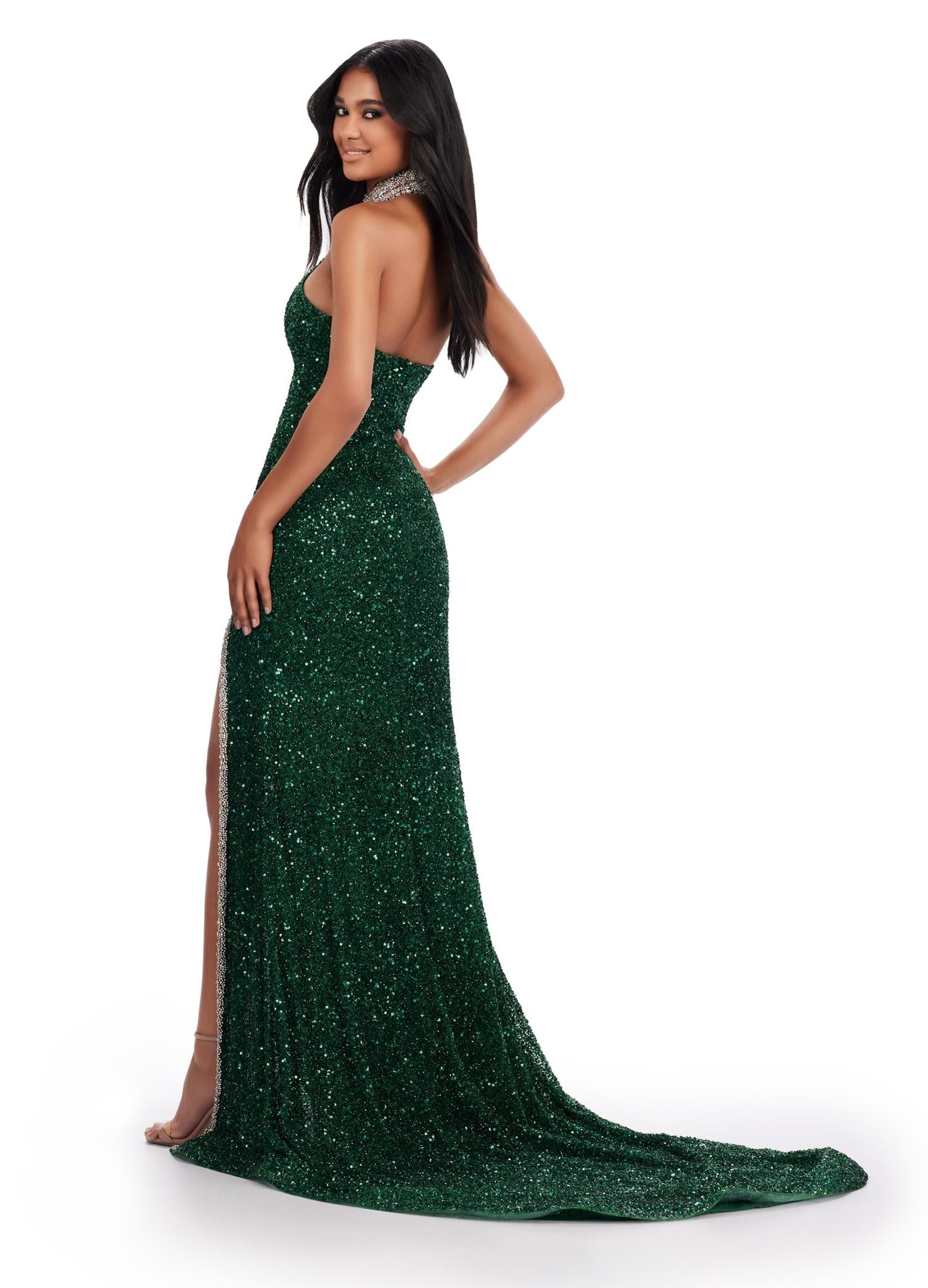 Back. ASHLEYlauren 11634 Emerald Fully Beaded Halter Gown with Keyhole Cut Out, Crystal Trimmed Neckline and Slit, and Left Leg Slit
