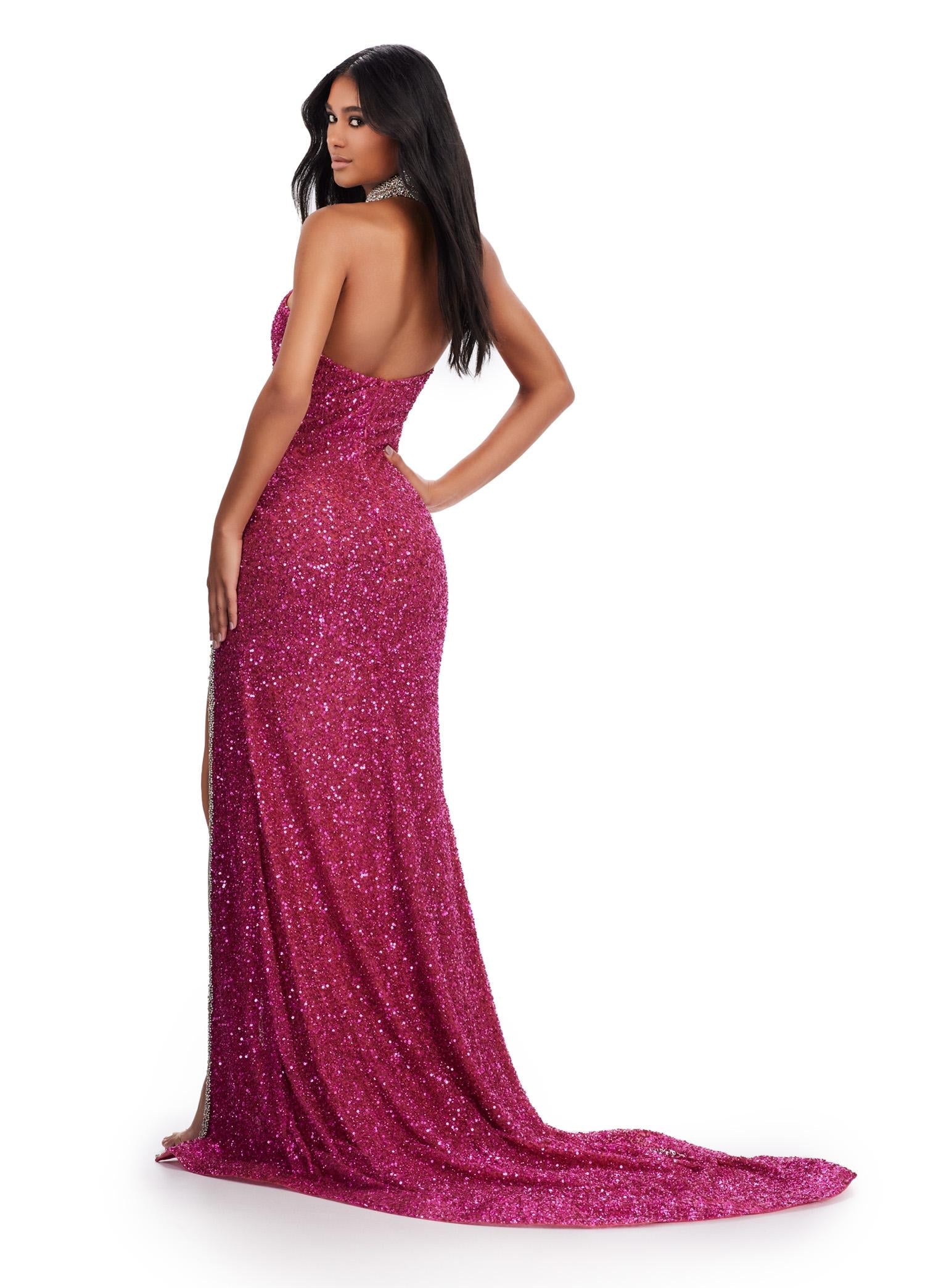 Back. ASHLEYlauren 11634 Fuchsia Fully Beaded Halter Gown with Keyhole Cut Out, Crystal Trimmed Neckline and Slit, and Left Leg Slit
