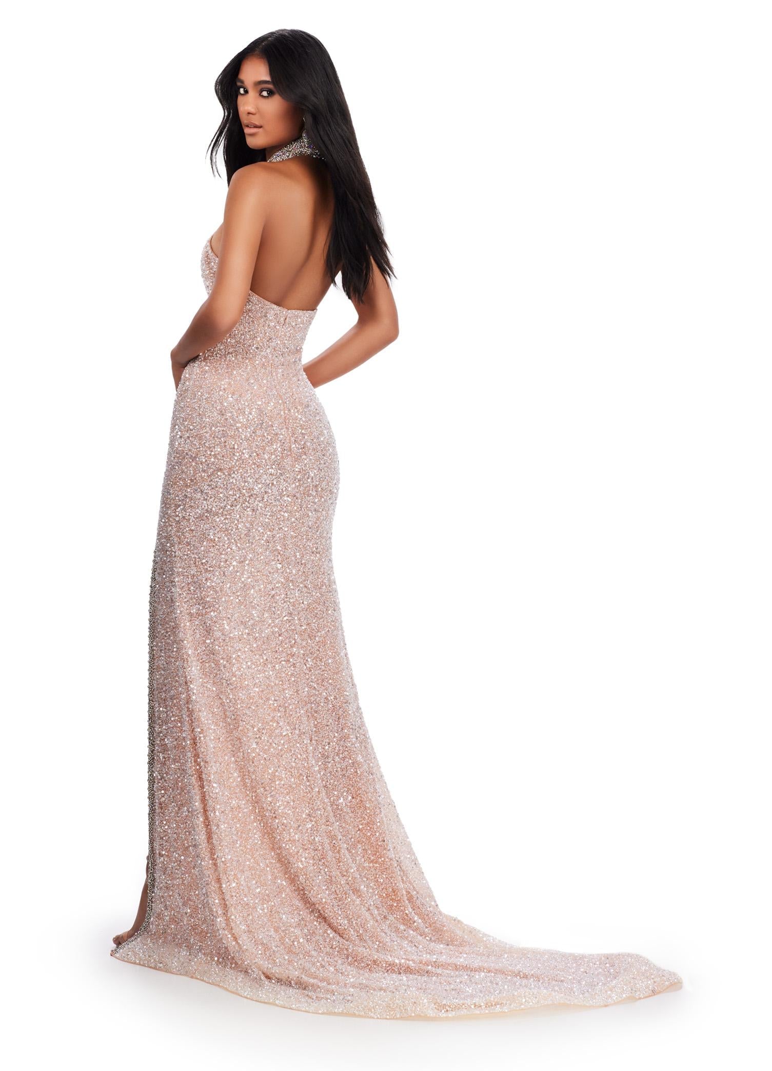 ASHLEYlauren 11634 Nude Fully Beaded Halter Gown with Keyhole Cut Out, Crystal Trimmed Neckline and Slit, and Left Leg Slit
