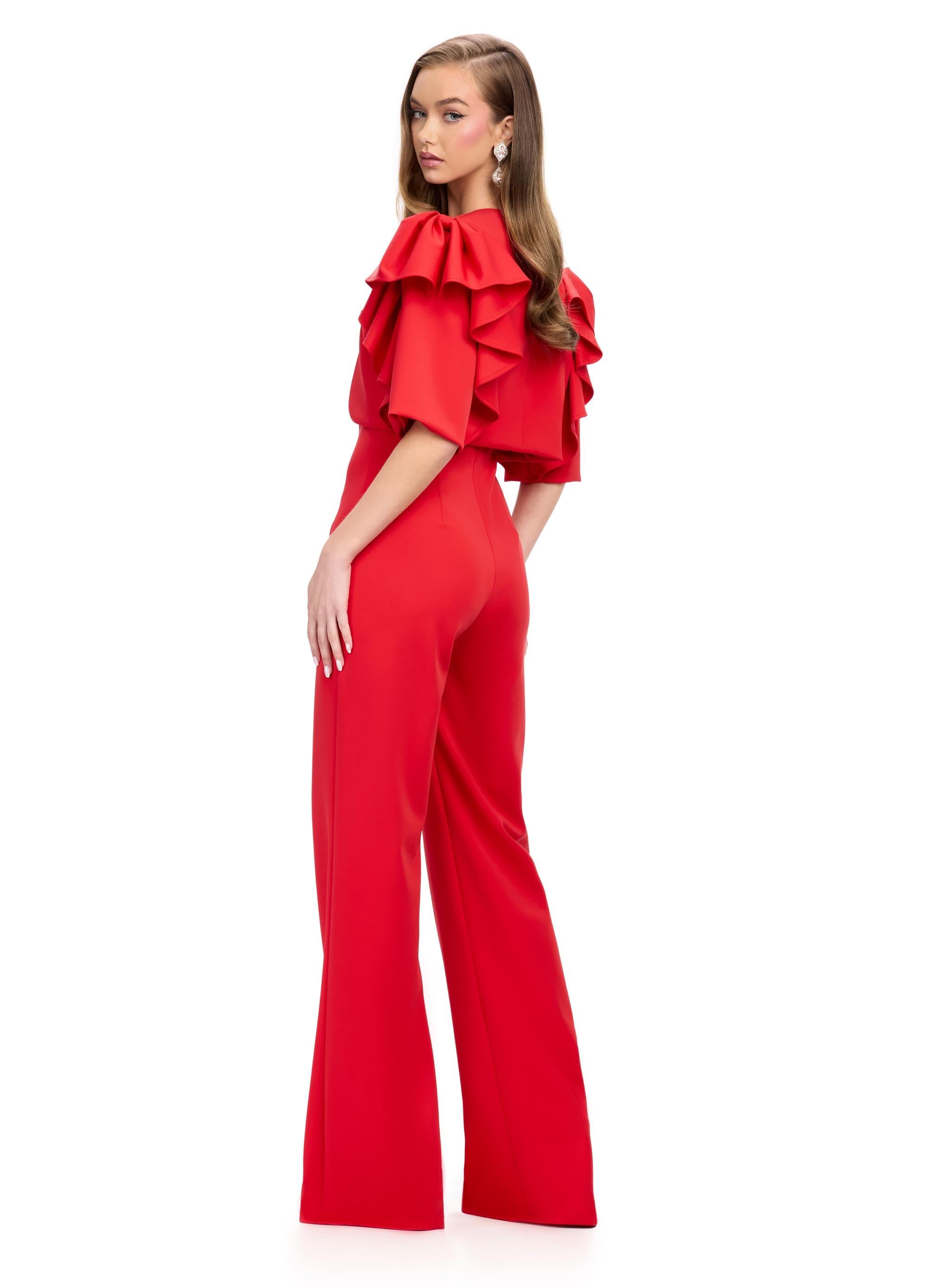 Back. ASHLEYlauren 11760 Red Scuba Jumpsuit with Spaghetti Straps and Removable Ruffle-Accented Jacket for a Bold, Stylish Look