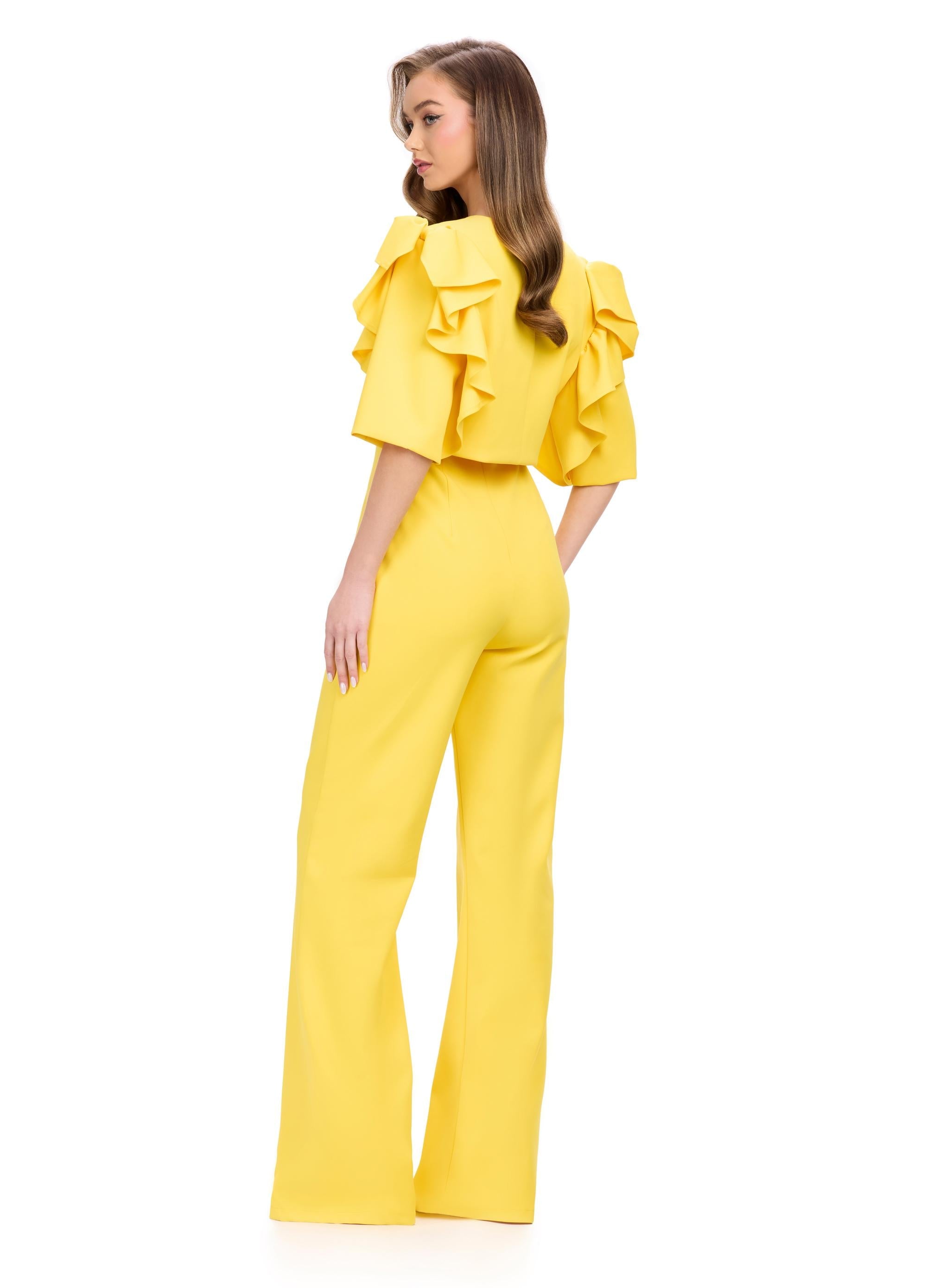 Back. ASHLEYlauren 11760 Yellow Scuba Jumpsuit with Spaghetti Straps and Removable Ruffle-Accented Jacket for a Bold, Stylish Look